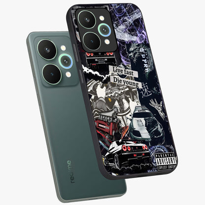 Die Young Glass Case displayed in angled mockup highlighting expressive graphic artwork with edgy aesthetic style.
