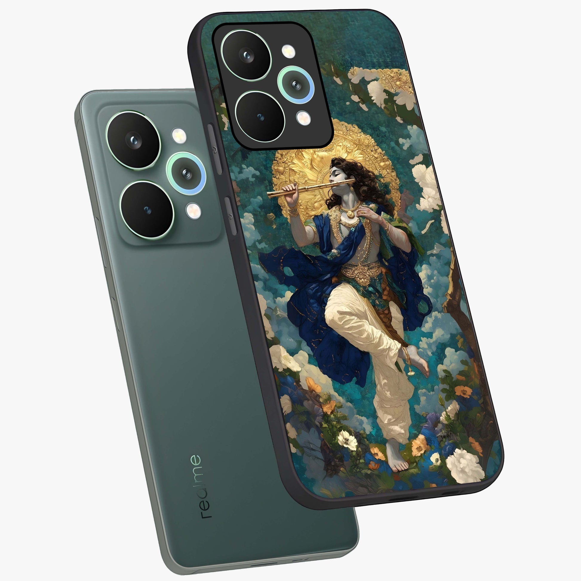 Divine Krishna Art Glass Case displayed in angled mockup highlighting spiritual Krishna illustration with devotional aesthetic.
