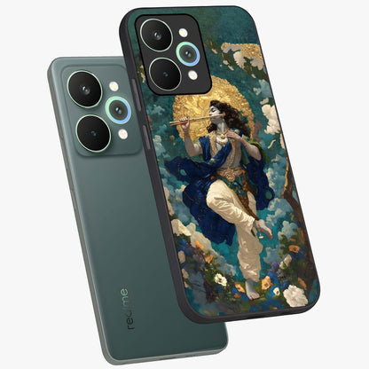 Divine Krishna Art Glass Case displayed in angled mockup highlighting spiritual Krishna illustration with devotional aesthetic.