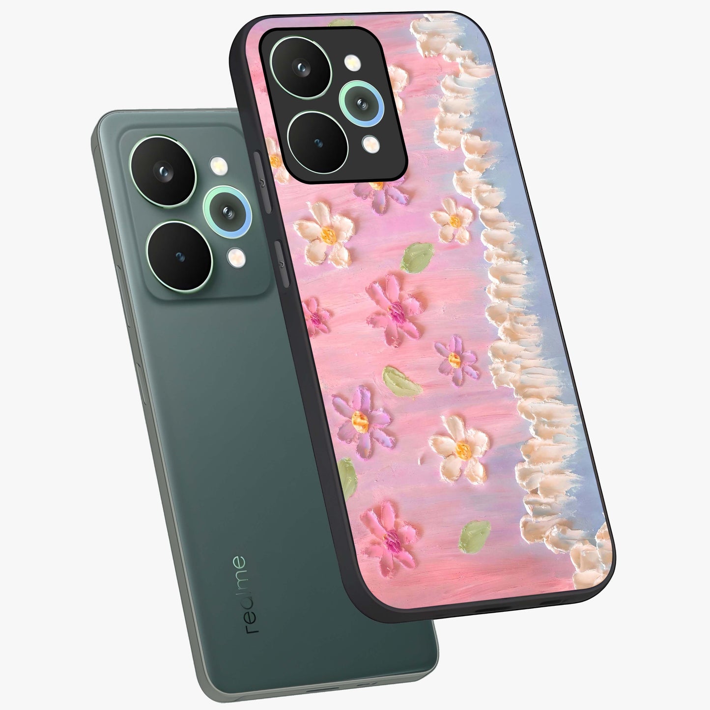 Dreamy Painted Garden Glass Case displayed in angled mockup highlighting colorful garden illustration with dreamy aesthetic style.