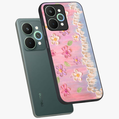 Dreamy Painted Garden Glass Case displayed in angled mockup highlighting colorful garden illustration with dreamy aesthetic style.