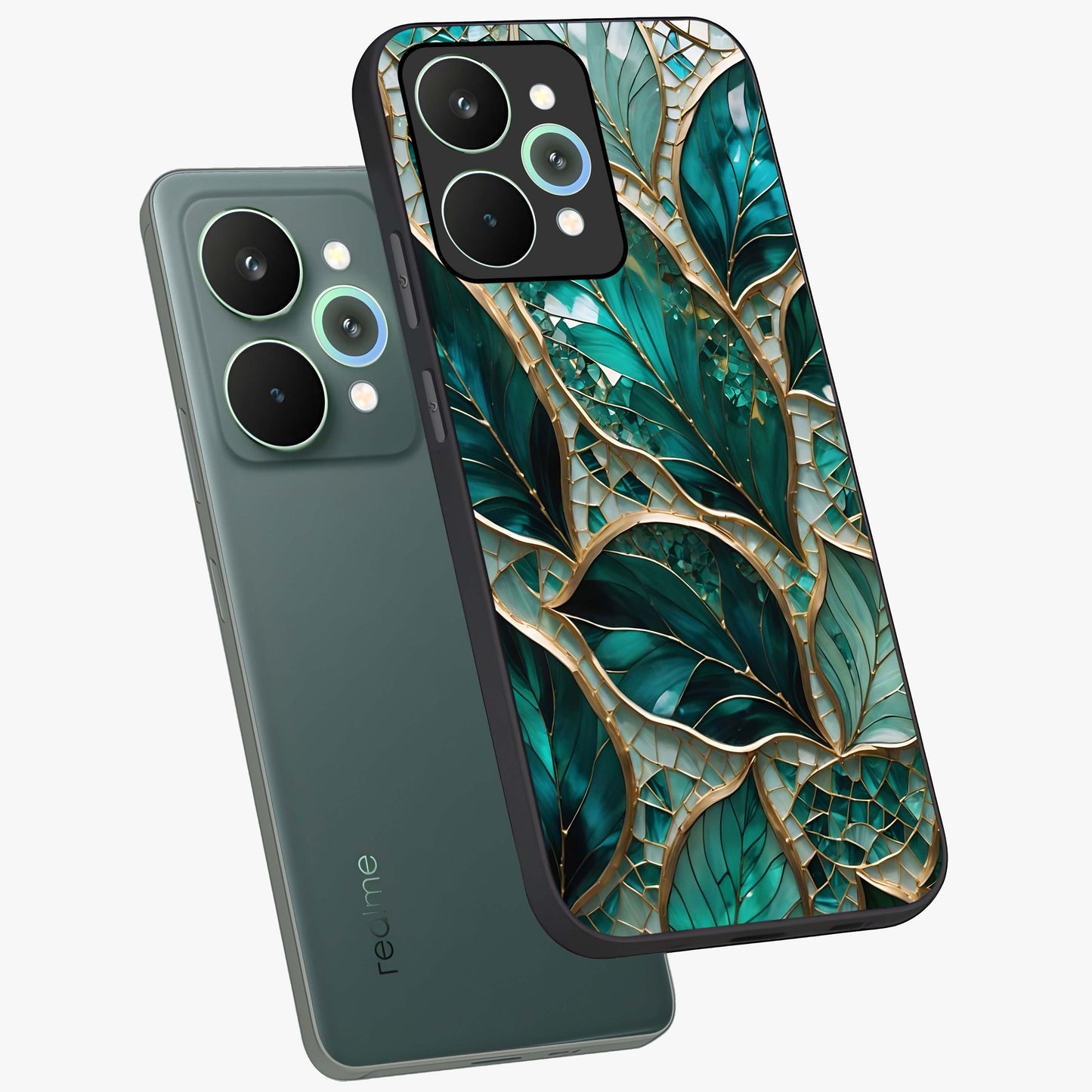 Emerald Leaf Glass Glass Case displayed in angled mockup highlighting botanical leaf illustration with elegant natural aesthetic.