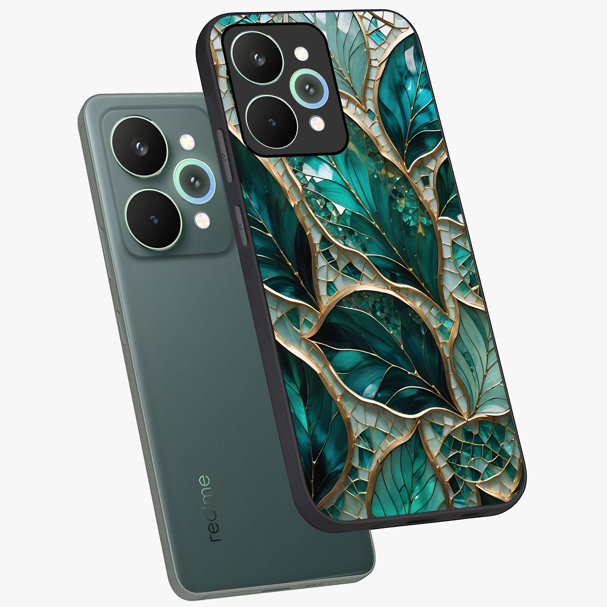 Emerald Leaf Glass Glass Case displayed in angled mockup highlighting botanical leaf illustration with elegant natural aesthetic.