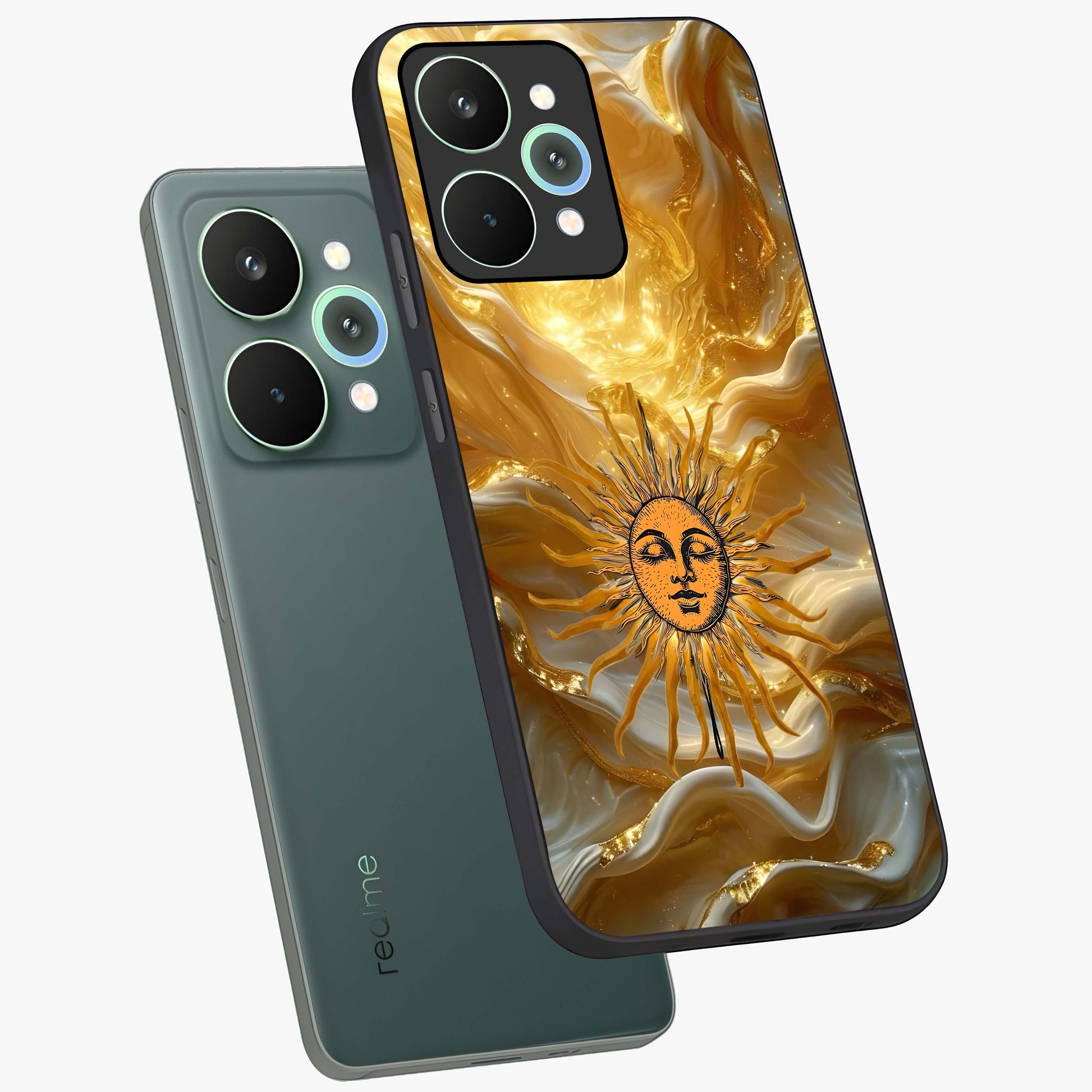 Eternal Golden Glow Glass Case displayed in angled mockup highlighting glowing golden aesthetic design with elegant style.