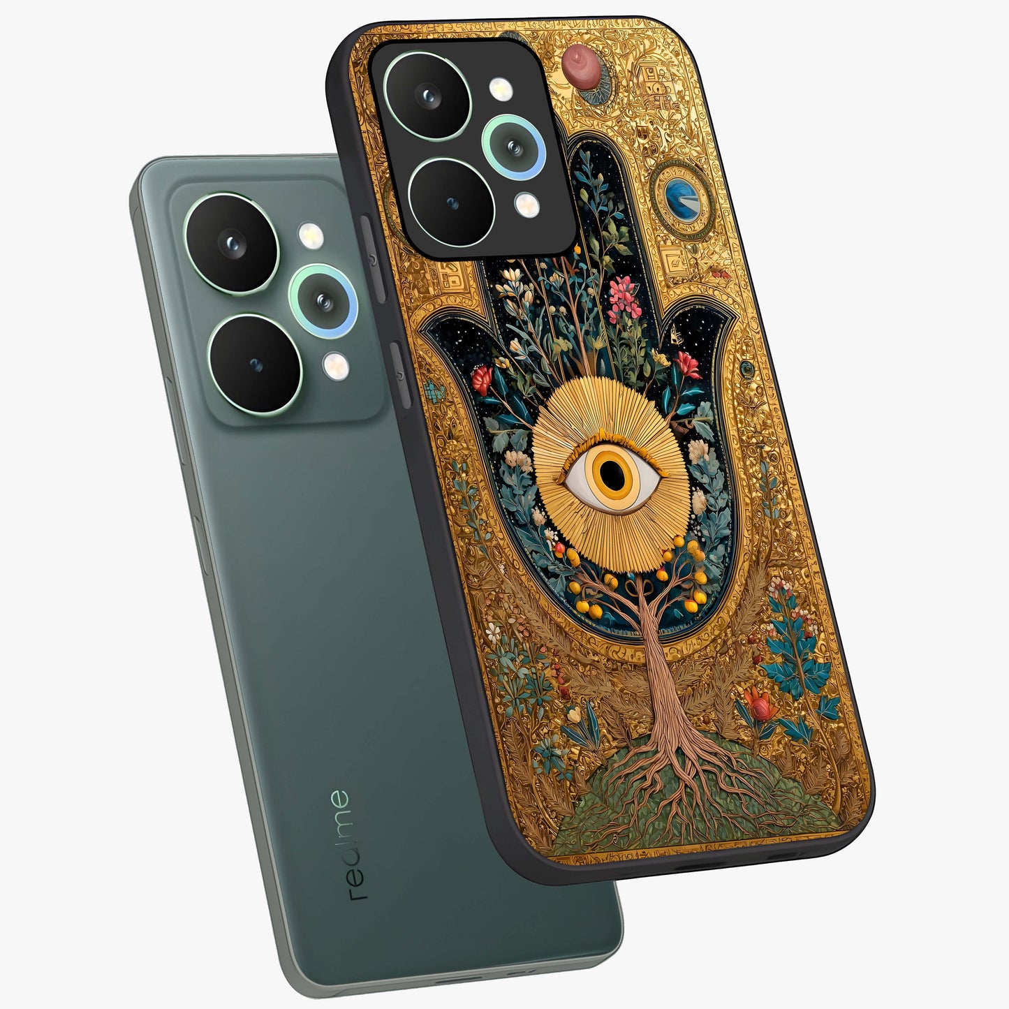 Ethereal Evil Eye Glass Case displayed in angled mockup highlighting protective evil eye symbol with spiritual aesthetic design.