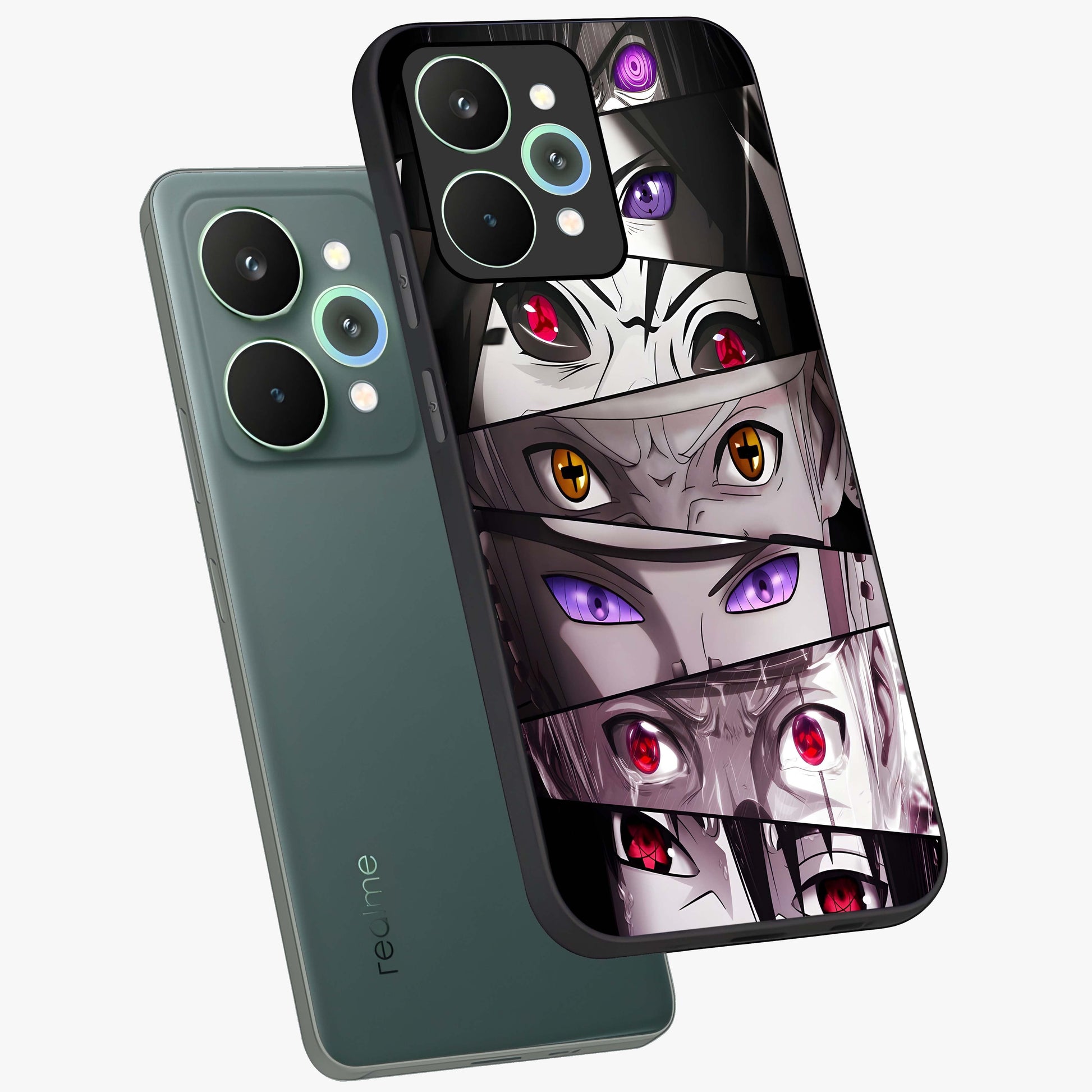 Eyes of Destiny Glass Case displayed in angled mockup highlighting bold eye illustration with mystical aesthetic style.