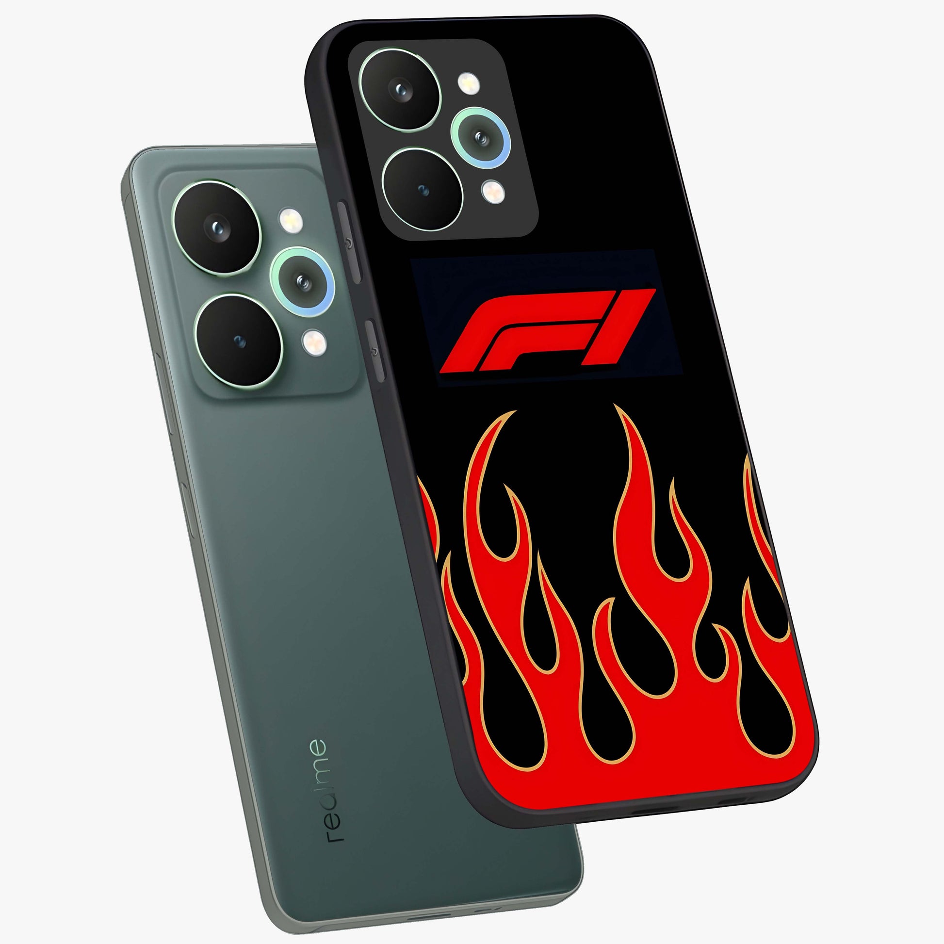 Fire F11 Glass Case displayed in angled mockup highlighting bold fire inspired graphic with energetic aesthetic style.