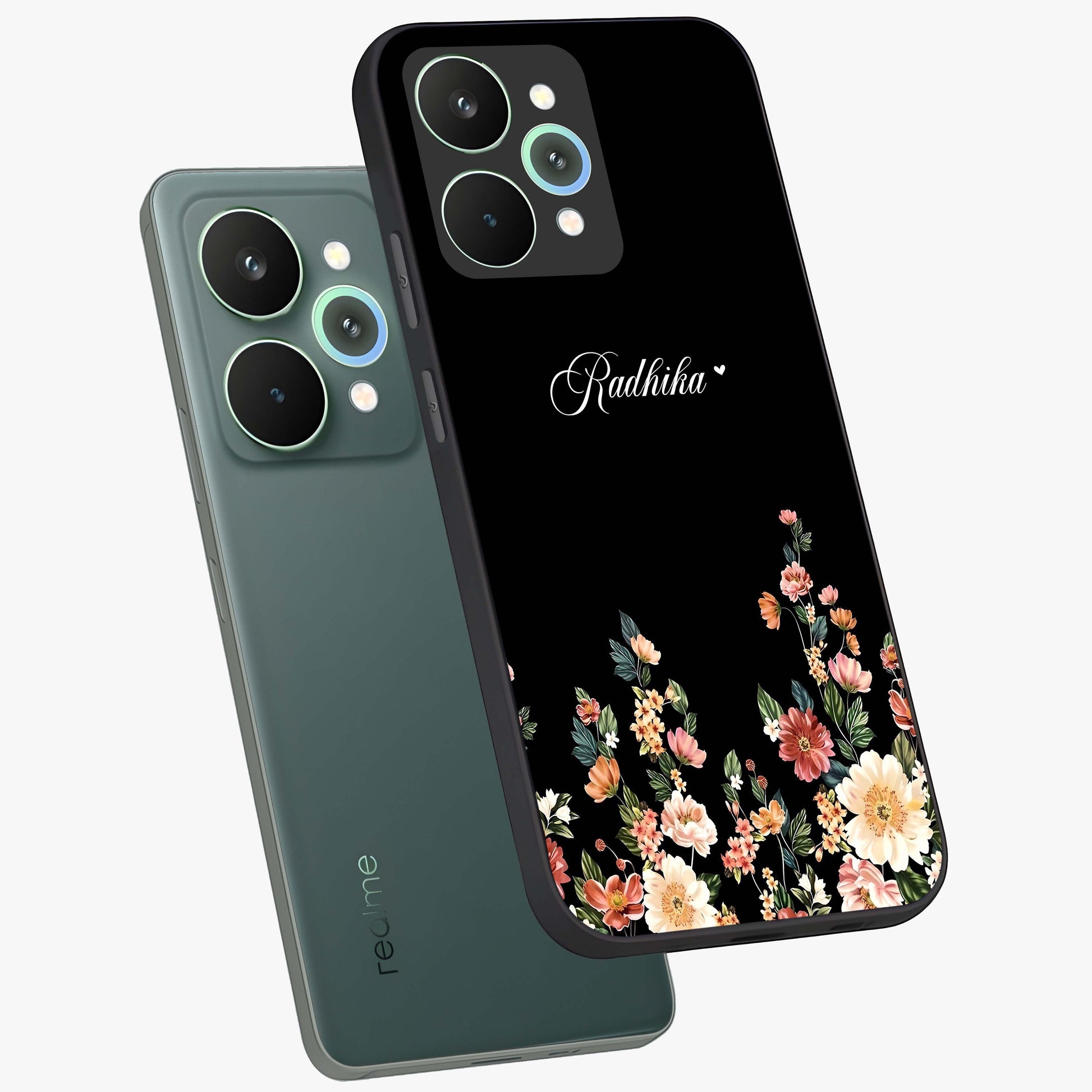 Floral Design With a Custom Personalized Name Glass Case displayed in angled mockup highlighting elegant floral pattern with custom name feature.