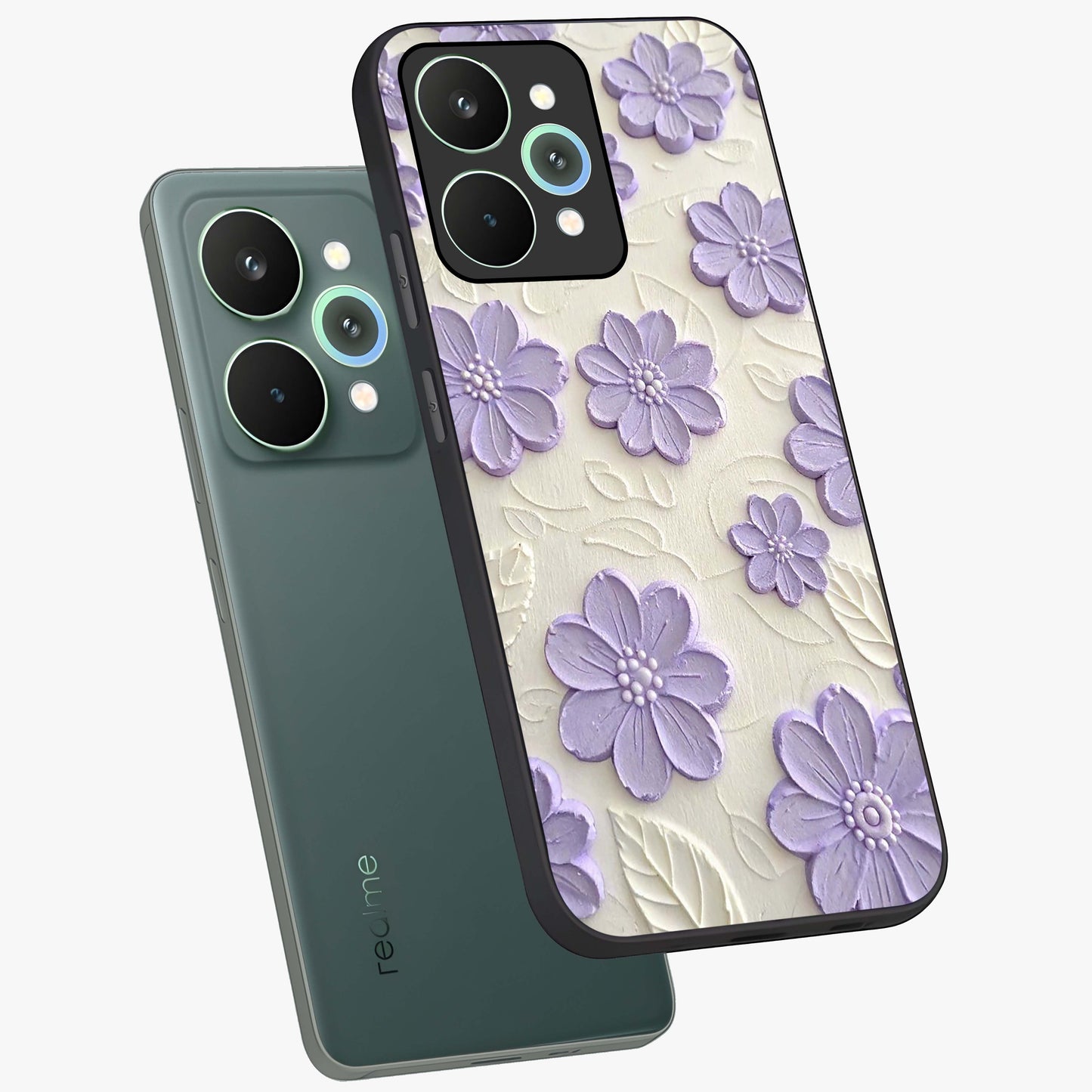 Floral Wall Art With Purple Flowers Glass Case displayed in angled mockup highlighting vibrant purple floral illustration with artistic aesthetic.