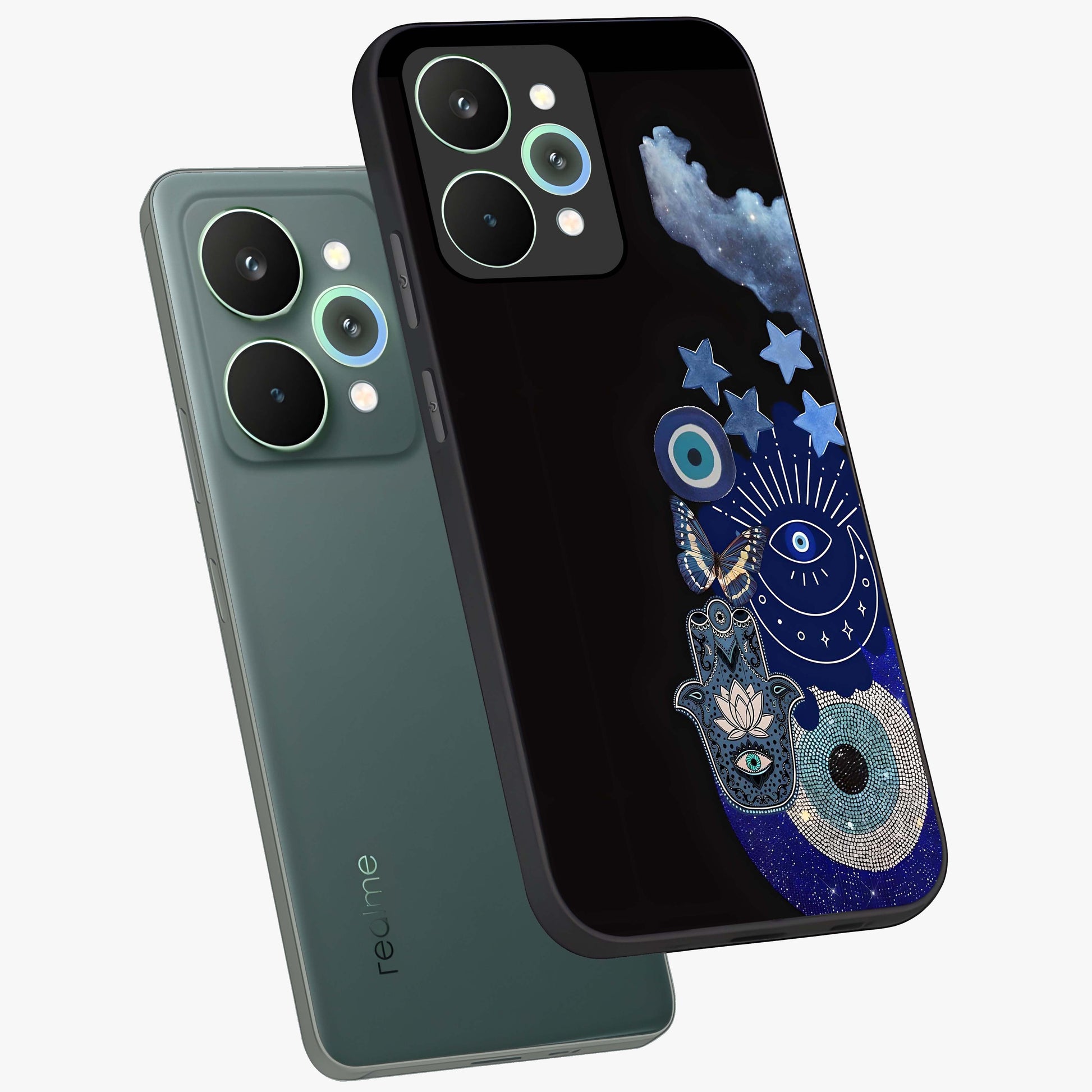 Galactic Charm Cluster Glass Case displayed in angled mockup highlighting luminous galaxy inspired design with dreamy aesthetic.