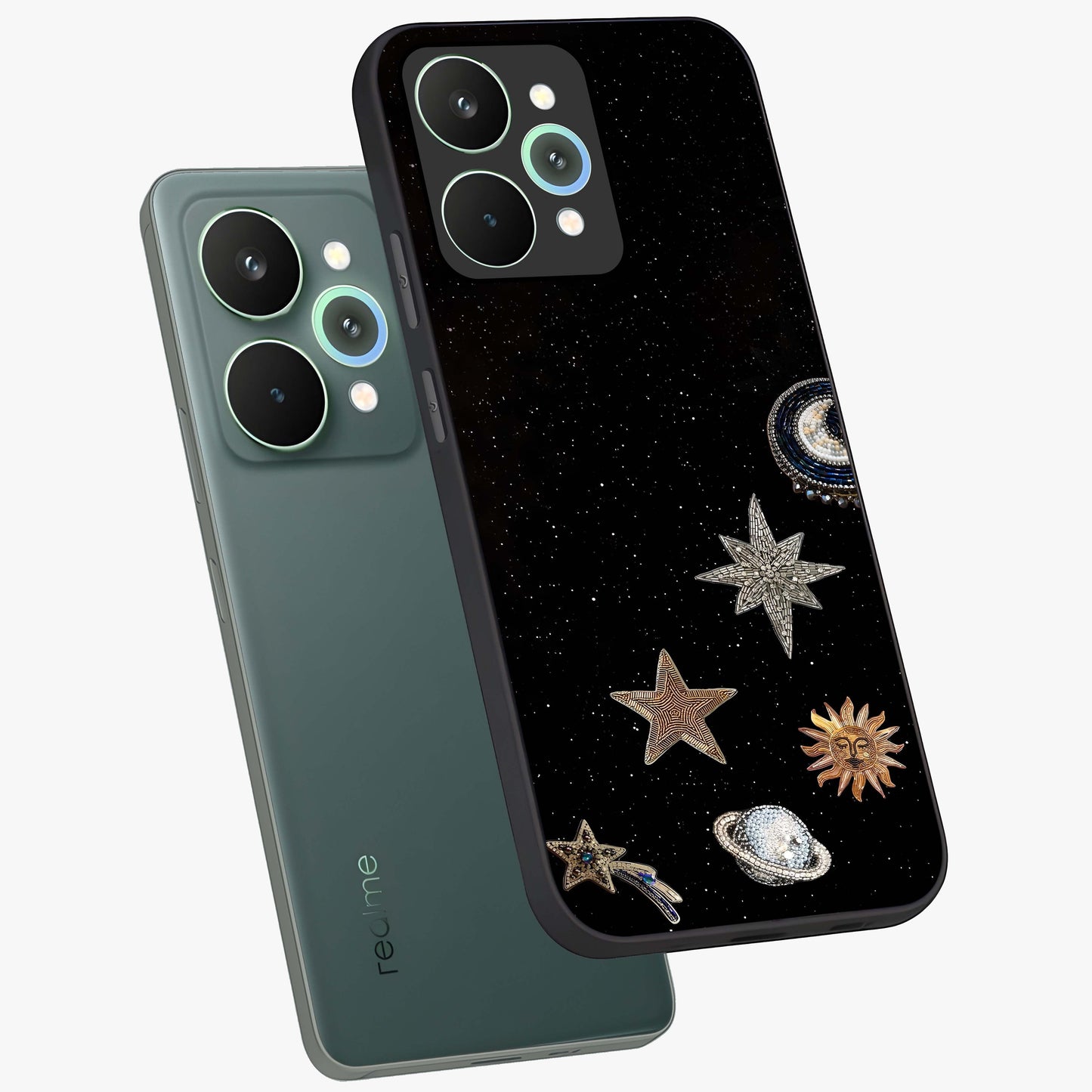Galactic Charm Glow Glass Case displayed in angled mockup highlighting luminous galaxy inspired design with dreamy aesthetic.