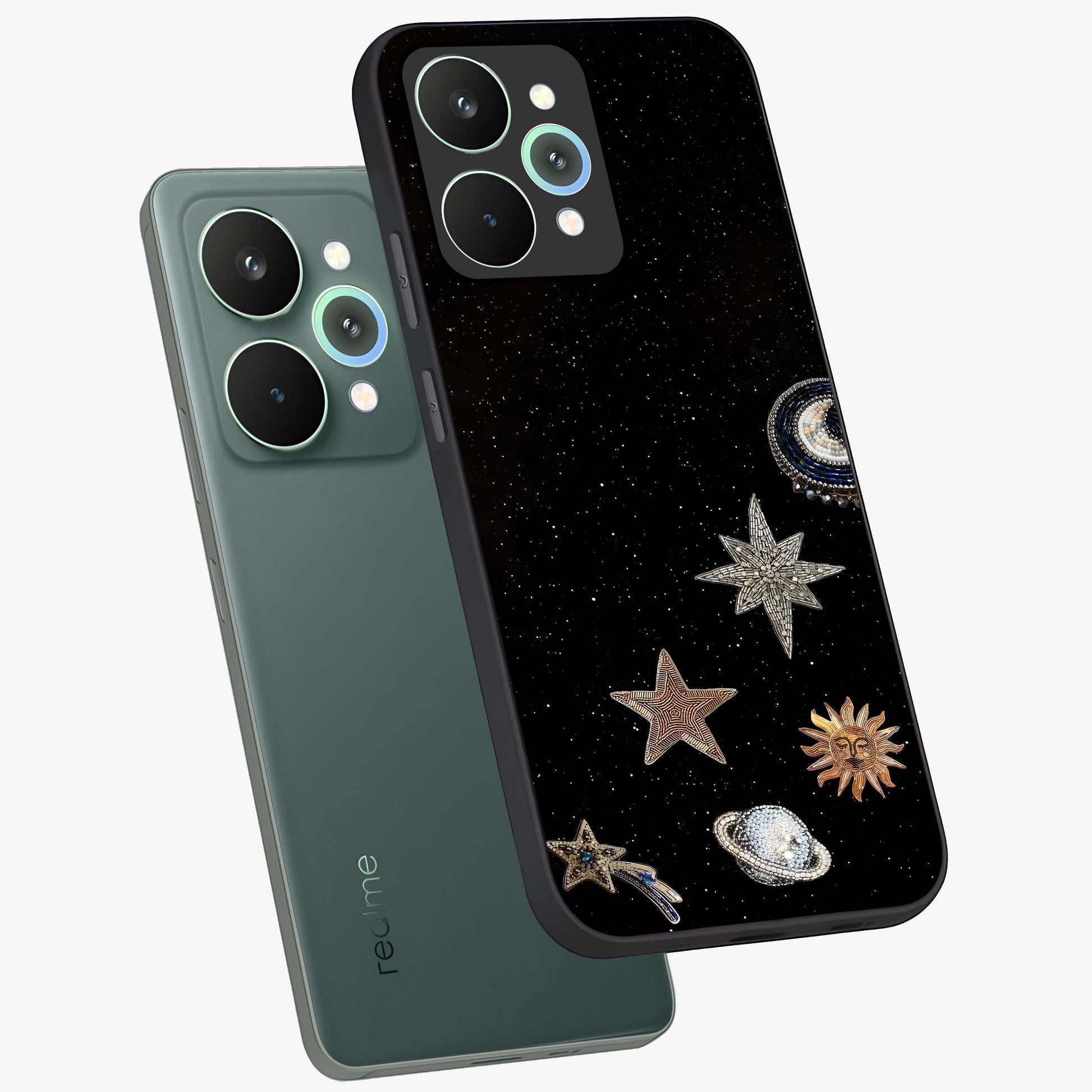 Galactic Charm Glow Glass Case displayed in angled mockup highlighting luminous galaxy inspired design with dreamy aesthetic.
