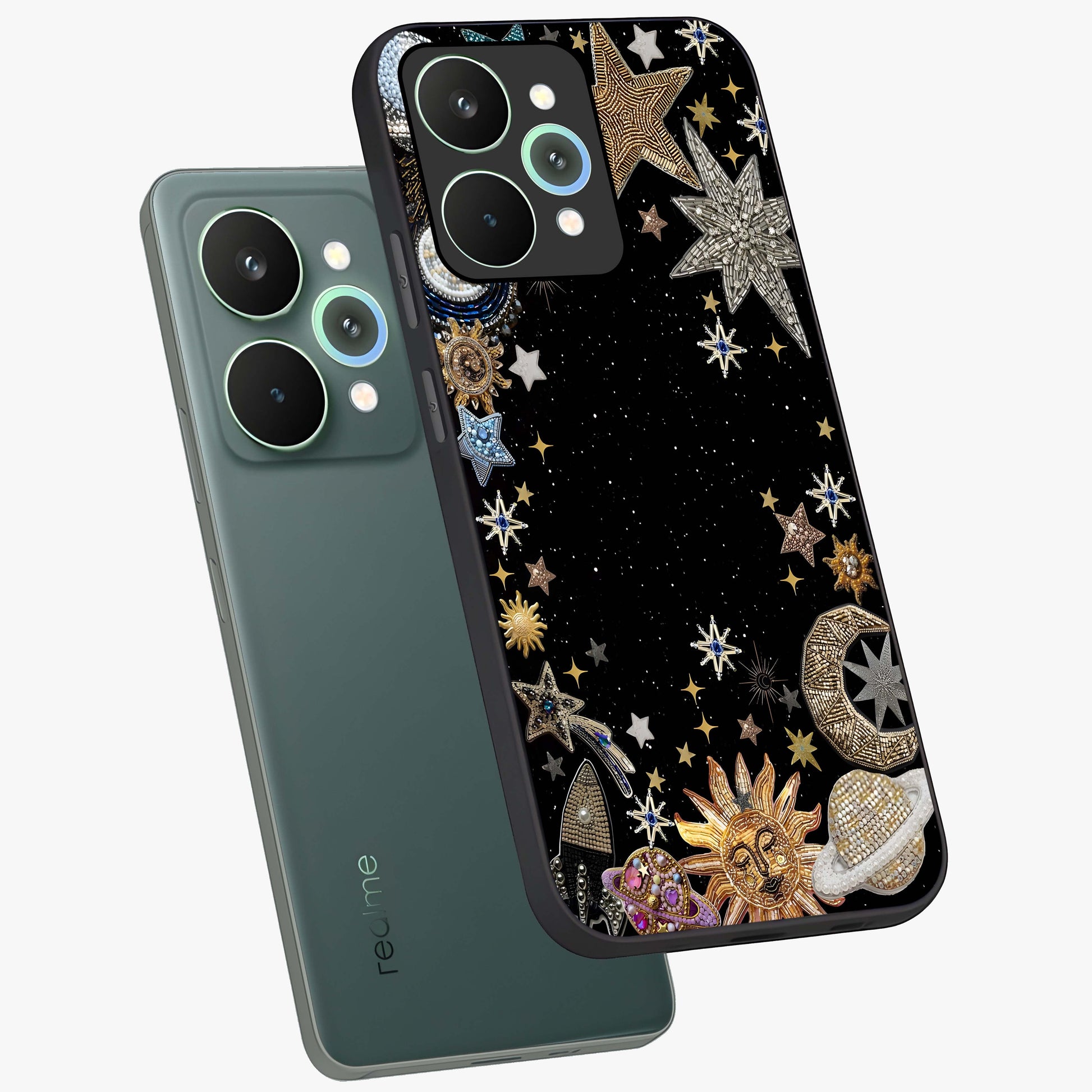 Galactic Jewel Stars Glass Case displayed in angled mockup highlighting shining celestial star design with cosmic aesthetic style.