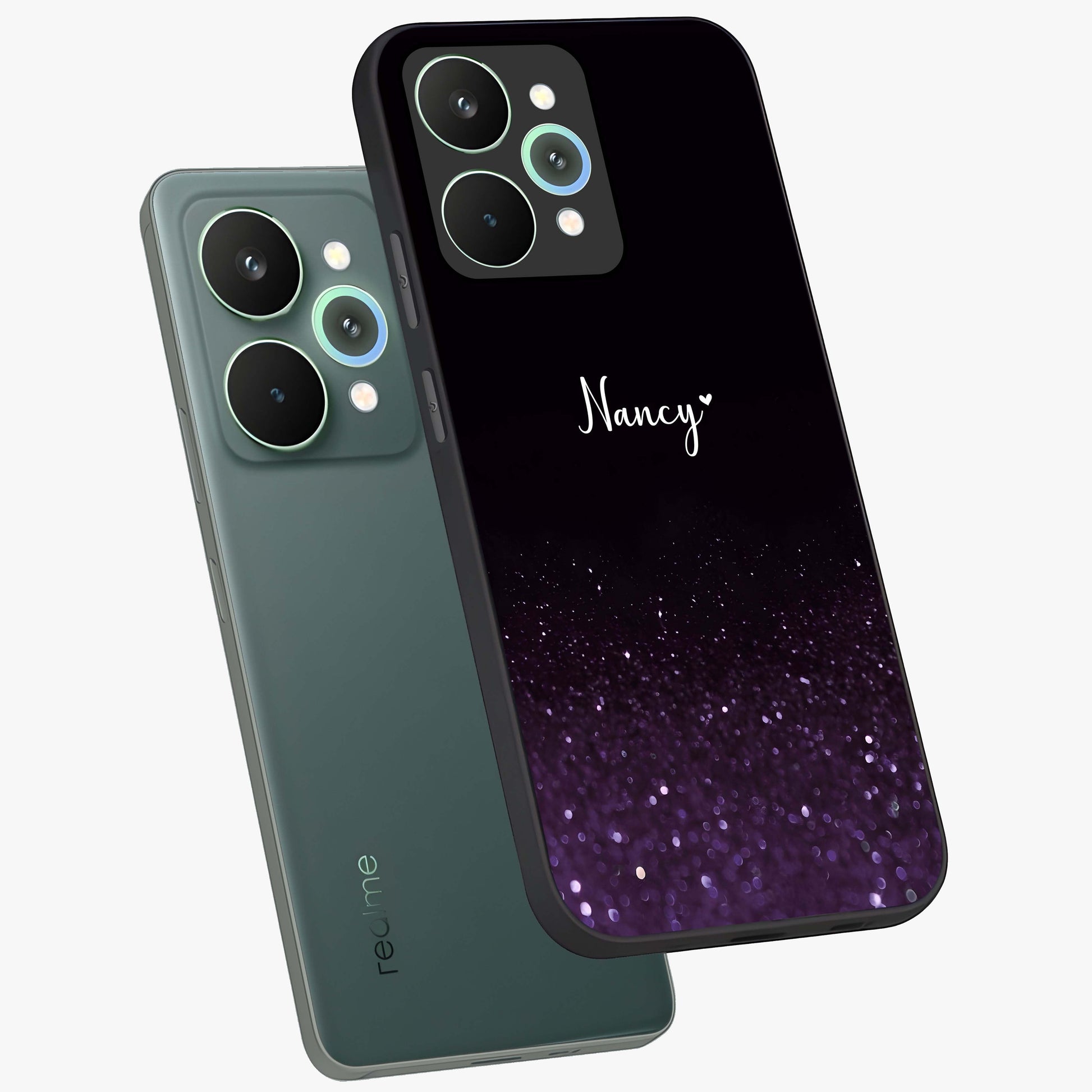 Glittery Purple Bokeh Custom Name Glass Case displayed in angled mockup highlighting glitter bokeh pattern with custom name feature.