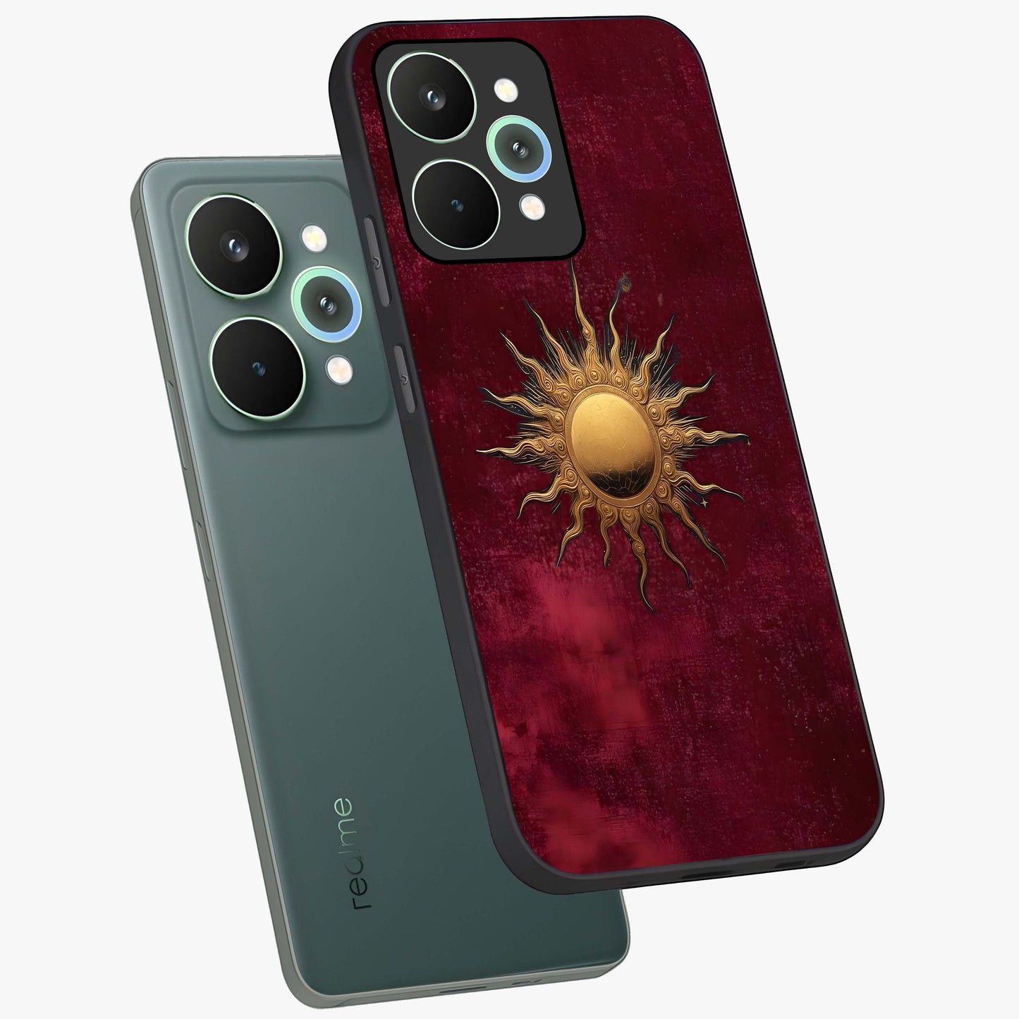 Golden Sun Minimalism Glass Case displayed in angled mockup highlighting clean sun symbol design with modern minimal aesthetic.