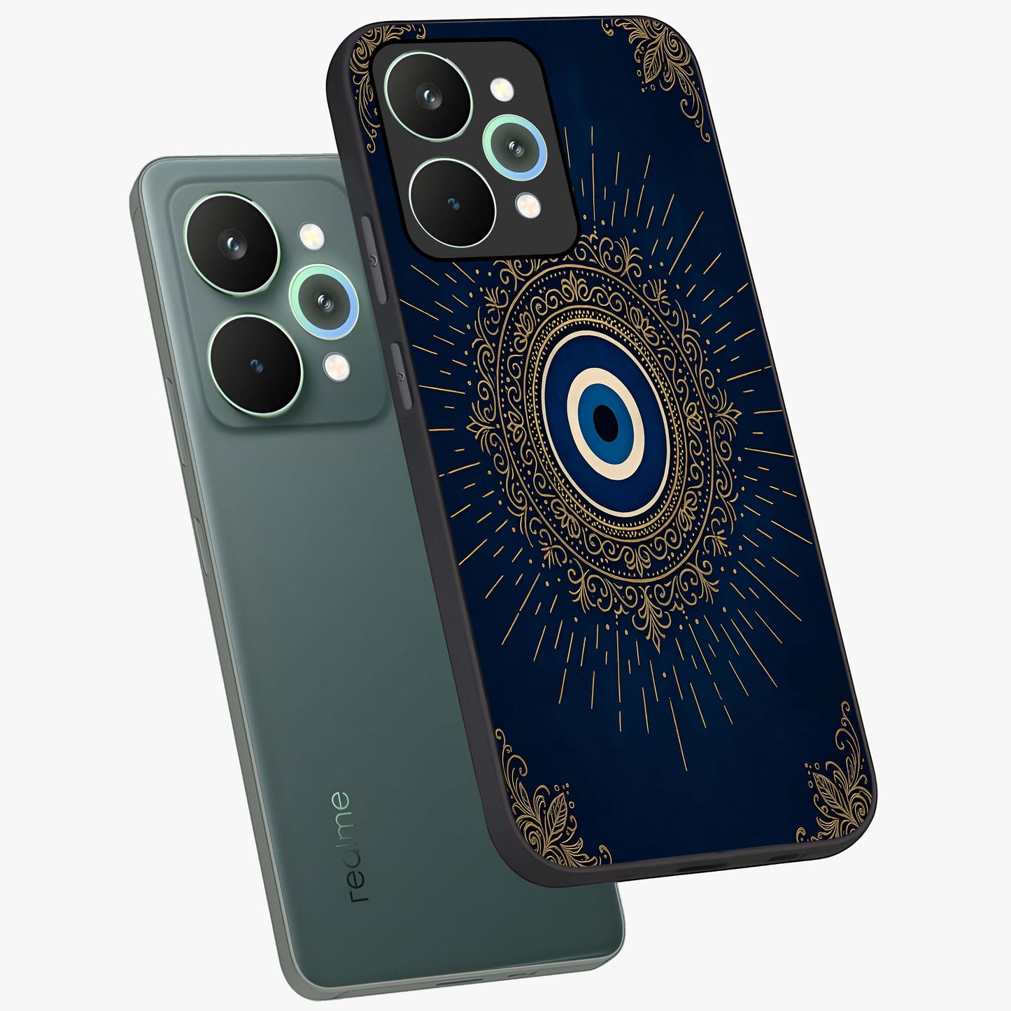 Golden Celestial Charm Glass Case displayed in angled mockup highlighting sparkling cosmic charm design with celestial aesthetic.