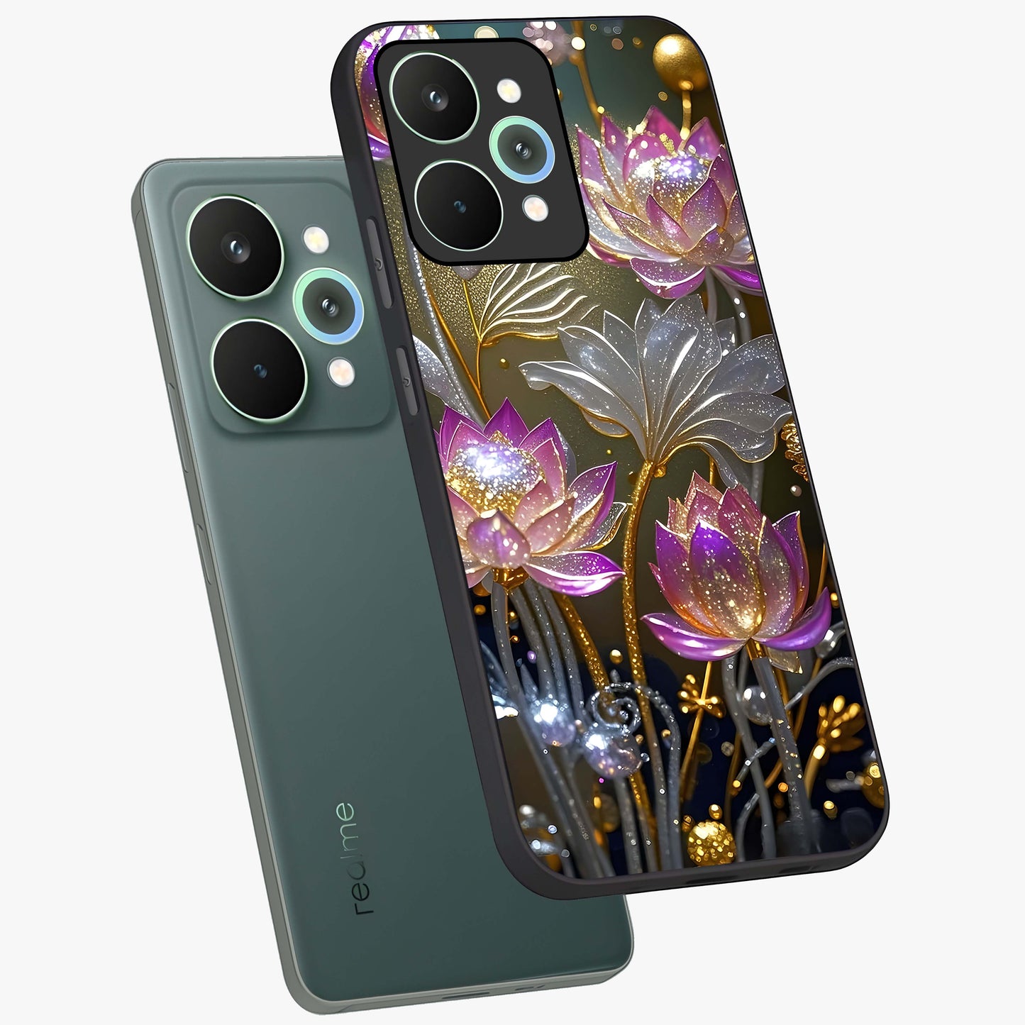 Golden Floral Majesty Glass Case displayed in angled mockup highlighting elegant flower design with royal golden aesthetic.