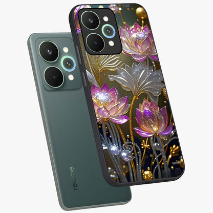 Golden Floral Majesty Glass Case displayed in angled mockup highlighting elegant flower design with royal golden aesthetic.