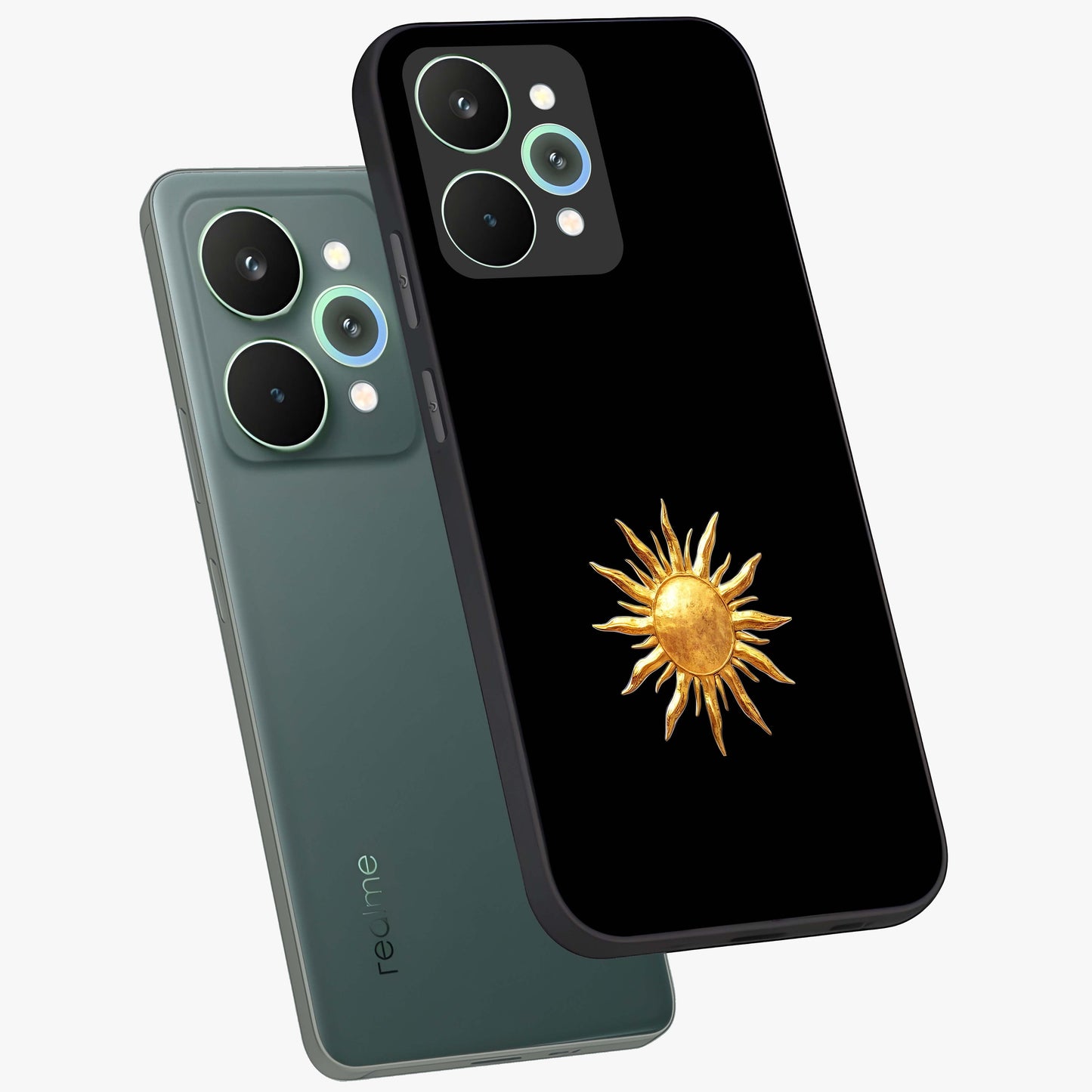 Golden Sun Minimalism Glass Case displayed in angled mockup highlighting eerie shadow illustration with gothic aesthetic.