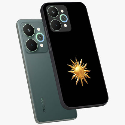 Golden Sun Minimalism Glass Case displayed in angled mockup highlighting eerie shadow illustration with gothic aesthetic.