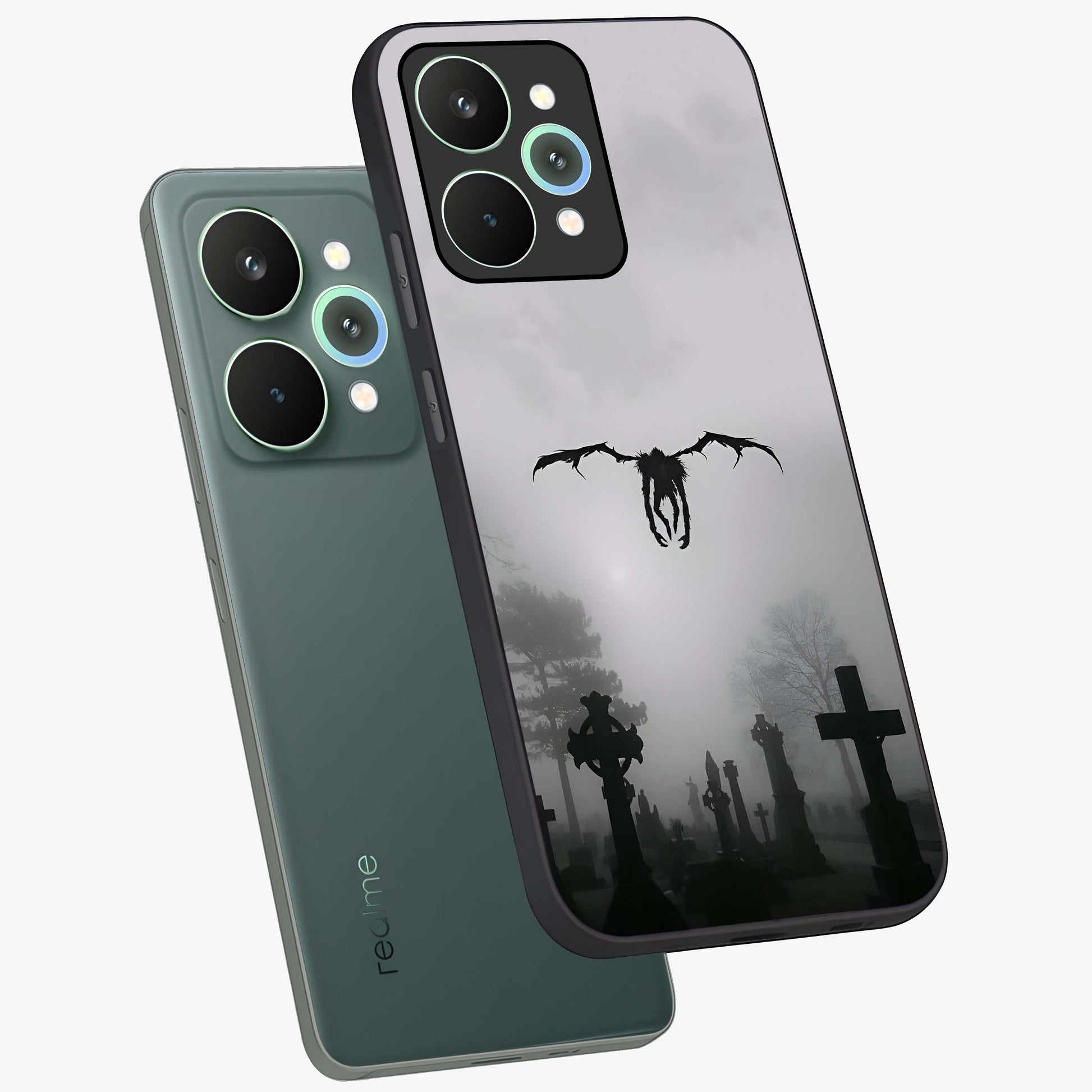 Graveyard Shadow Descent Glass Case displayed in angled mockup highlighting eerie shadow illustration with gothic aesthetic.
