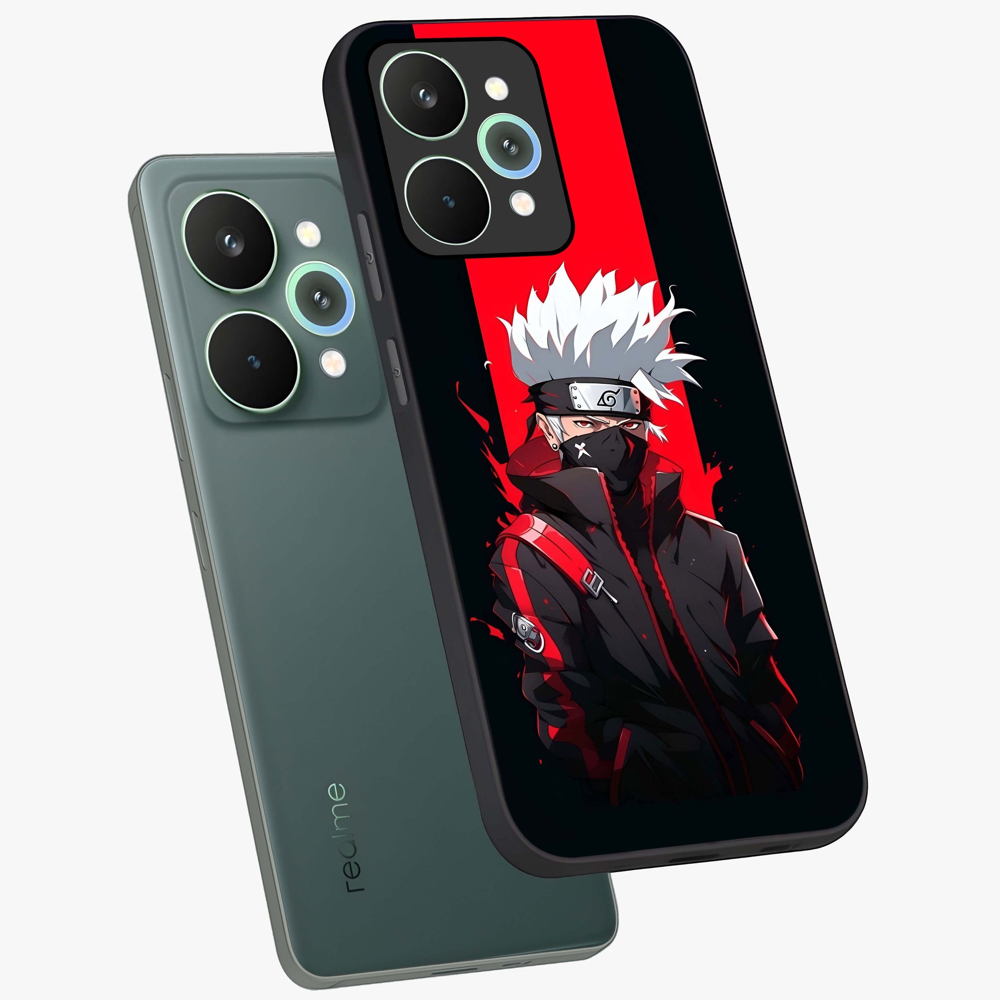Kakashi Scarlet Shadow Glass Case displayed in angled mockup highlighting dramatic ninja illustration with scarlet themed aesthetic.
