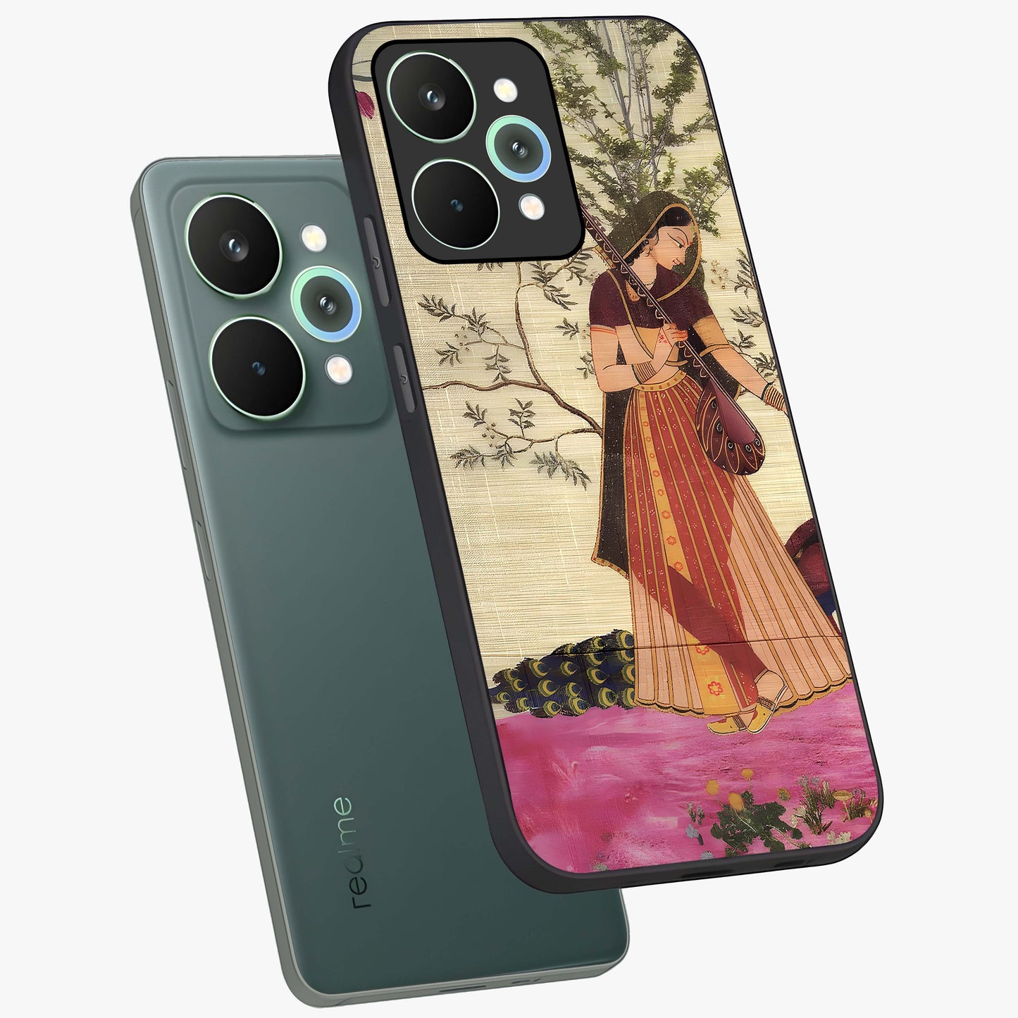 Lady With Veena Art Glass Case displayed in angled mockup highlighting graceful musical illustration with cultural artistic aesthetic.