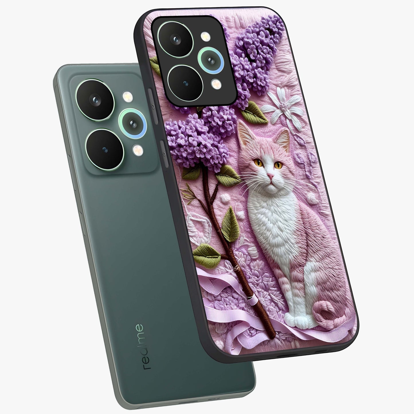 Lavender Cat Whimsy Glass Case displayed in angled mockup highlighting playful feline illustration with pastel lavender aesthetic.