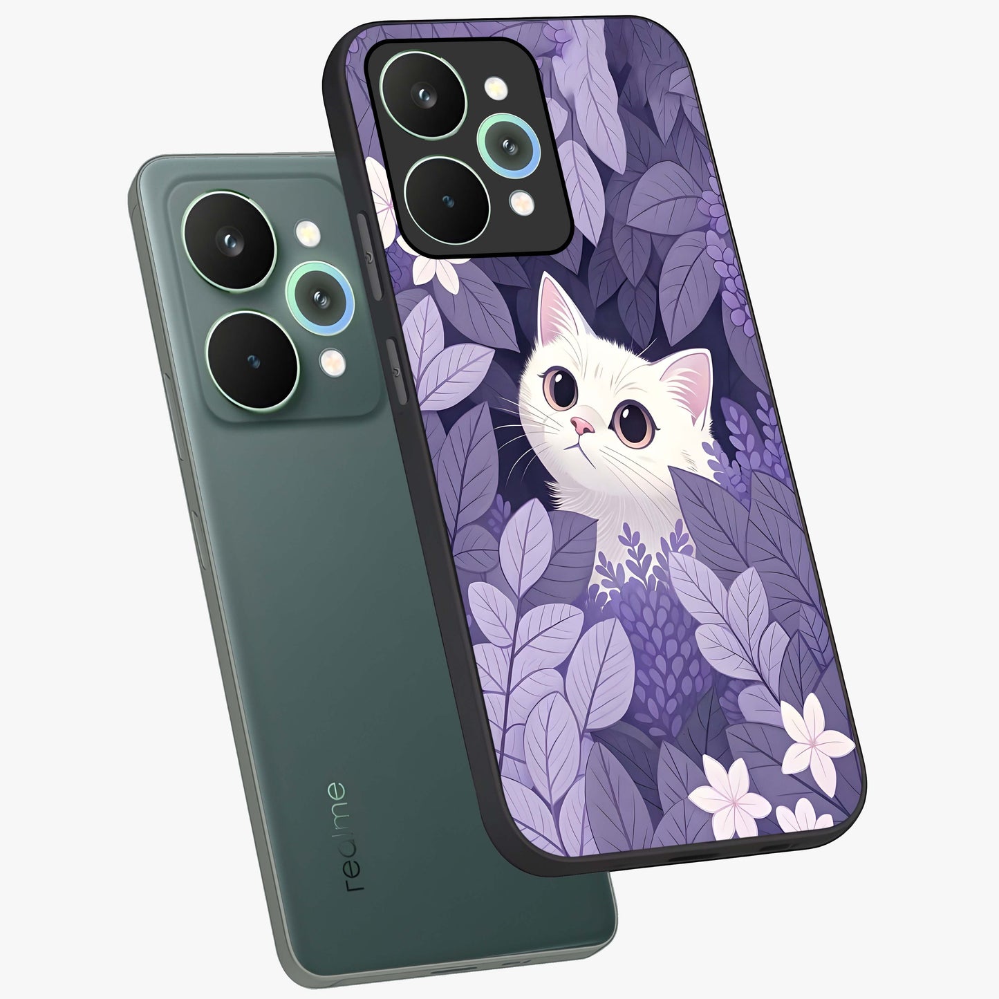 Lilac Hide Peek Cat Glass Case displayed in angled mockup highlighting playful feline illustration with lilac aesthetic design.