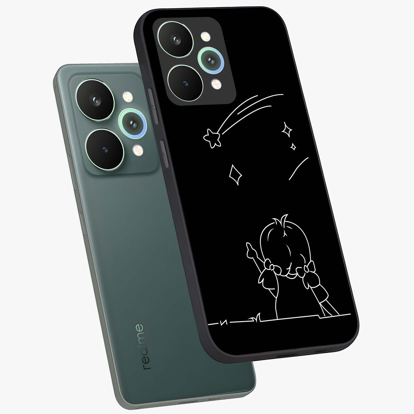 Line Art Girl With Shooting Stars Glass Case displayed in angled mockup highlighting elegant line art design with dreamy star aesthetic.