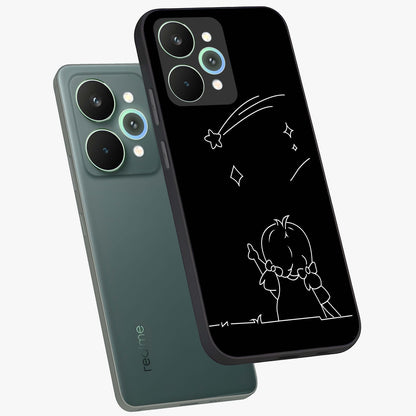 Line Art Girl With Shooting Stars Glass Case displayed in angled mockup highlighting elegant line art design with dreamy star aesthetic.