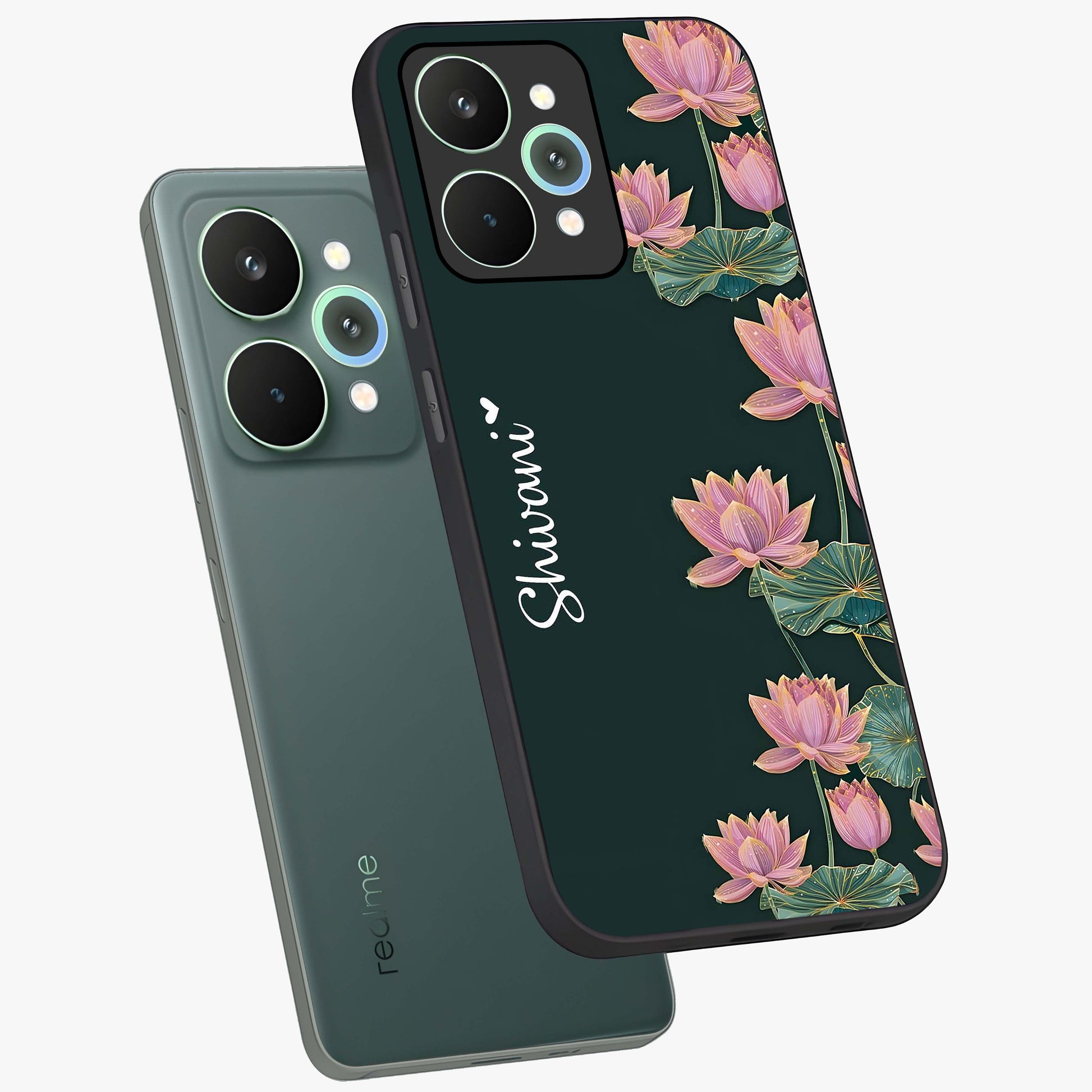 Lotus Bloom Serenity Custom Name Glass Case displayed in angled mockup highlighting graceful lotus illustration with custom name feature.