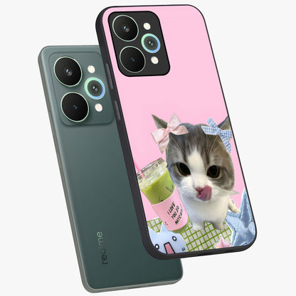 Love Matcha Cat Glass Case displayed in angled mockup highlighting playful feline illustration with cozy matcha aesthetic.