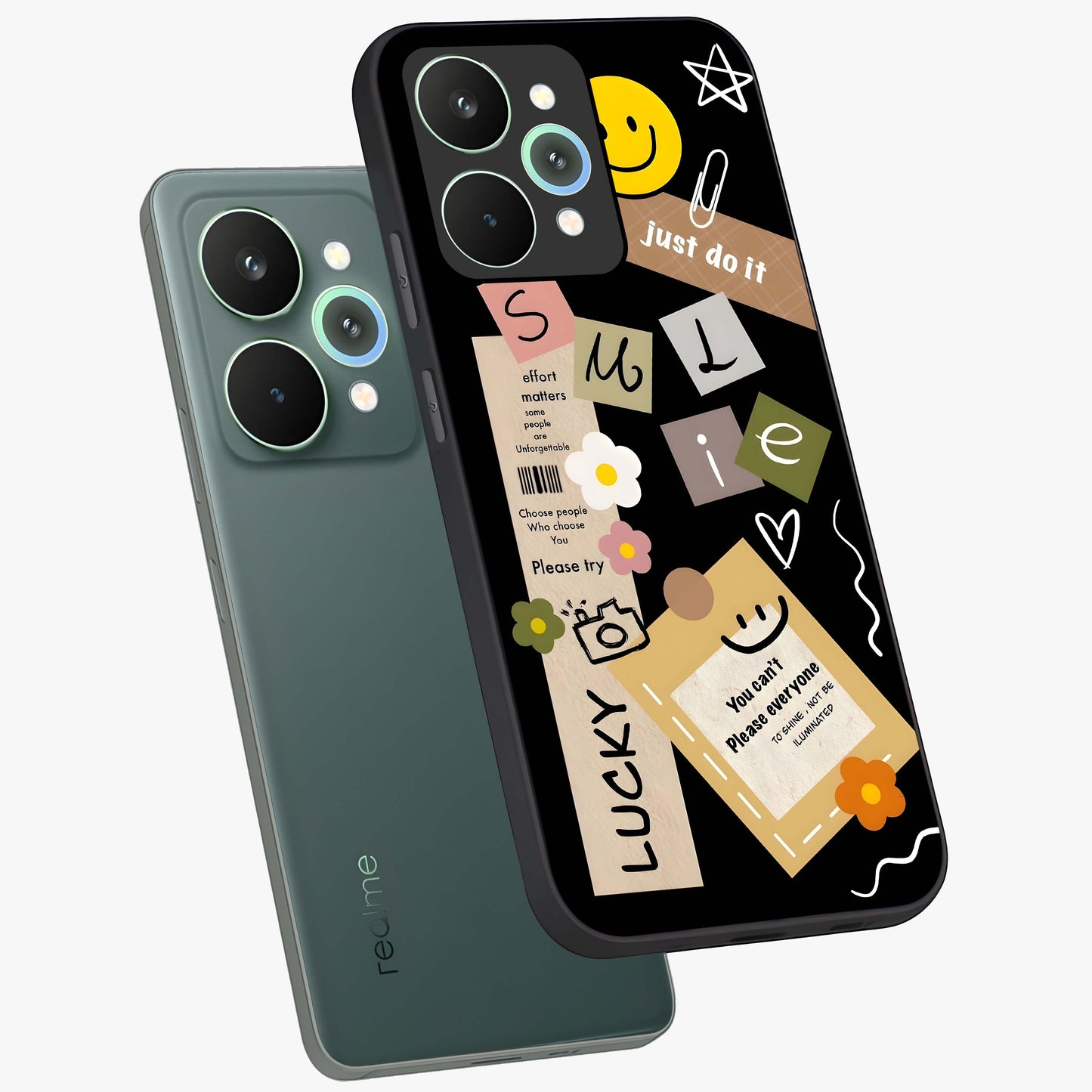 Lucky Aesthetic Collage Glass Case displayed in angled mockup highlighting stylish collage pattern with modern aesthetic vibe.