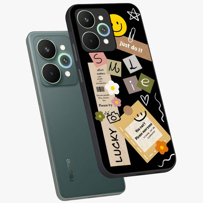 Lucky Aesthetic Collage Glass Case displayed in angled mockup highlighting stylish collage pattern with modern aesthetic vibe.