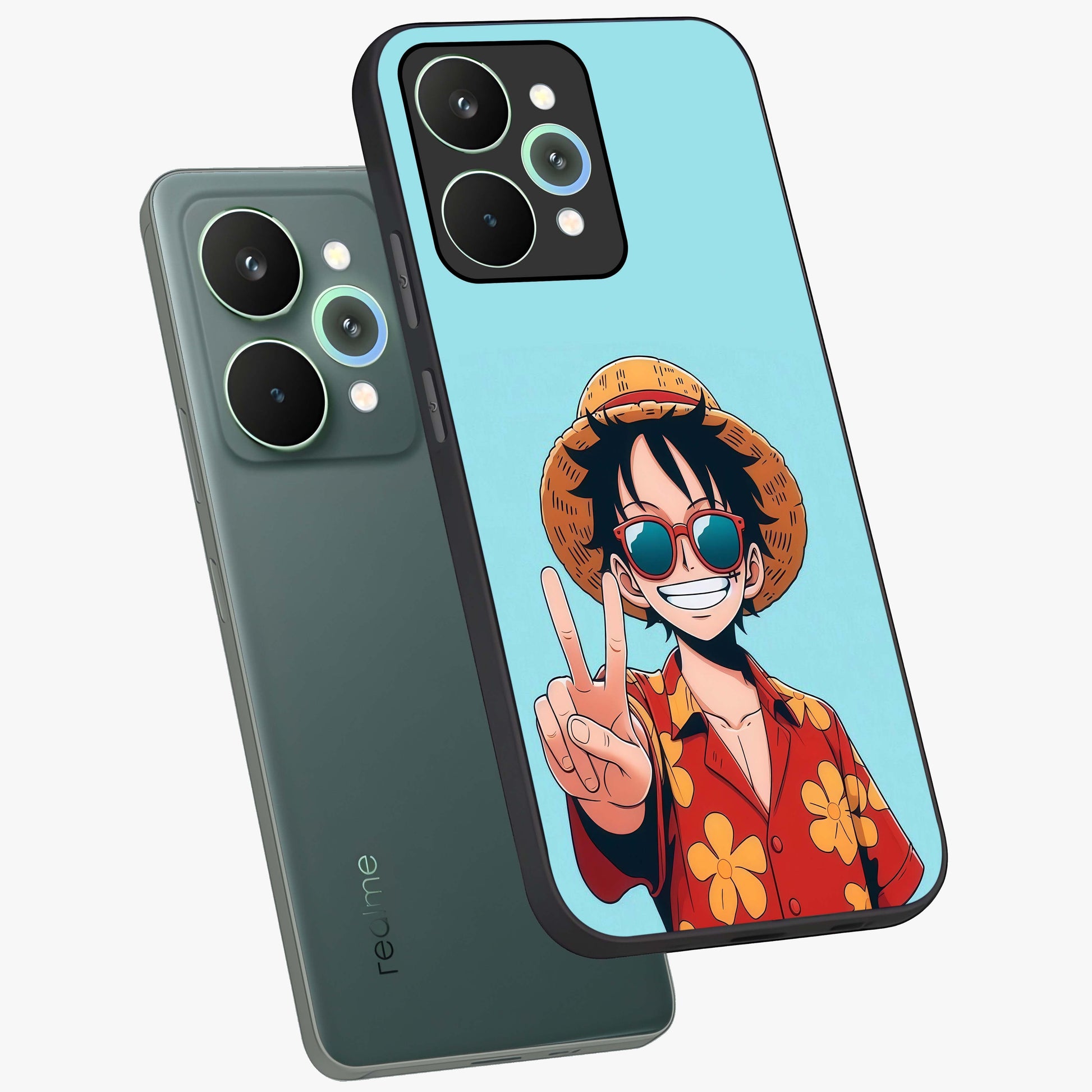Luffy Summer Anime Vibe Glass Case displayed in angled mockup highlighting energetic anime illustration with summer vibe aesthetic.