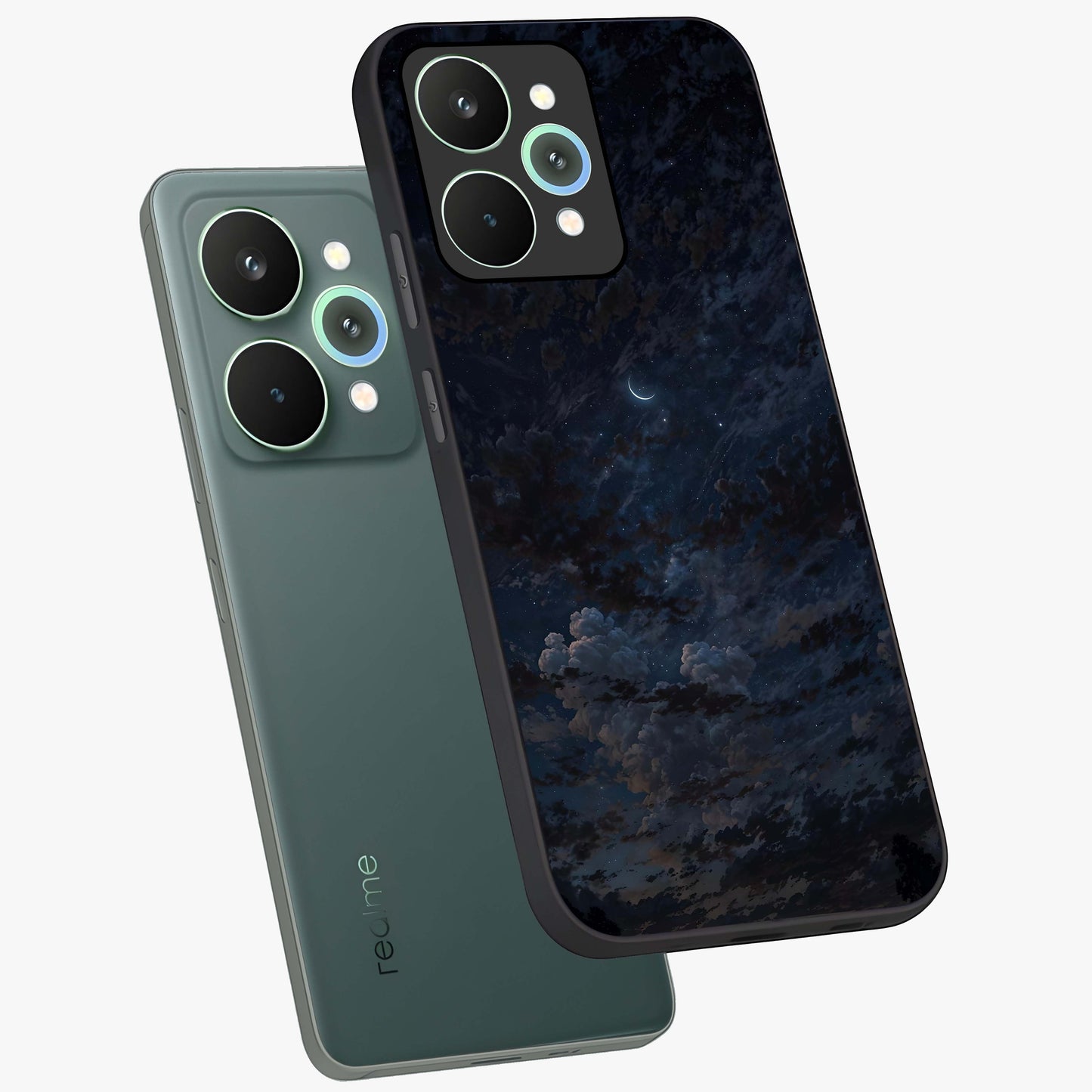 Lunar Veil Silence Glass Case displayed in angled mockup highlighting soft lunar design with peaceful celestial aesthetic.