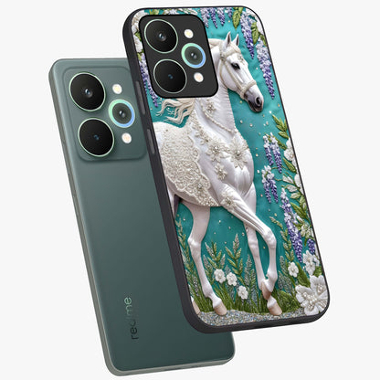 Majestic Floral Stallion Glass Case displayed in angled mockup highlighting majestic stallion illustration with elegant floral aesthetic.