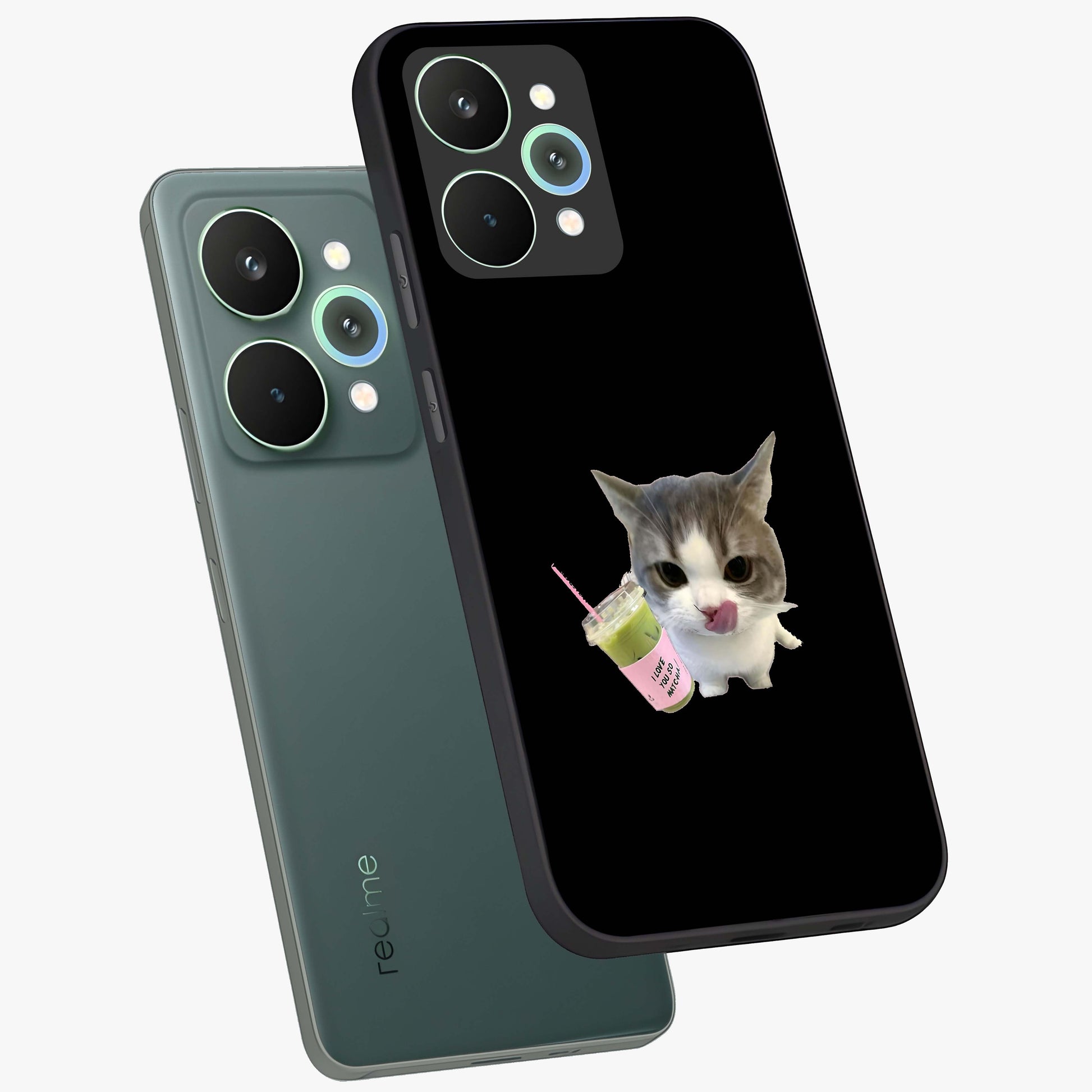 Matcha Cat Style Glass Case displayed in angled mockup highlighting playful feline design with pastel matcha aesthetic.