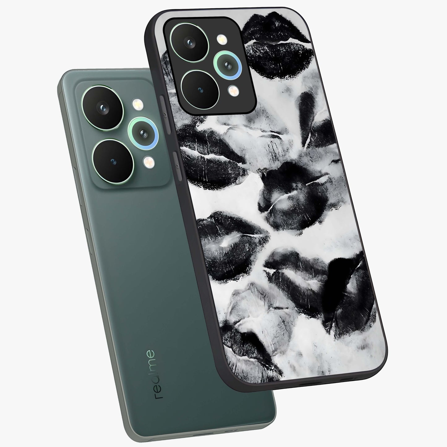 Midnight Kiss Marks Glass Case displayed in angled mockup highlighting playful romantic design with bold midnight aesthetic.