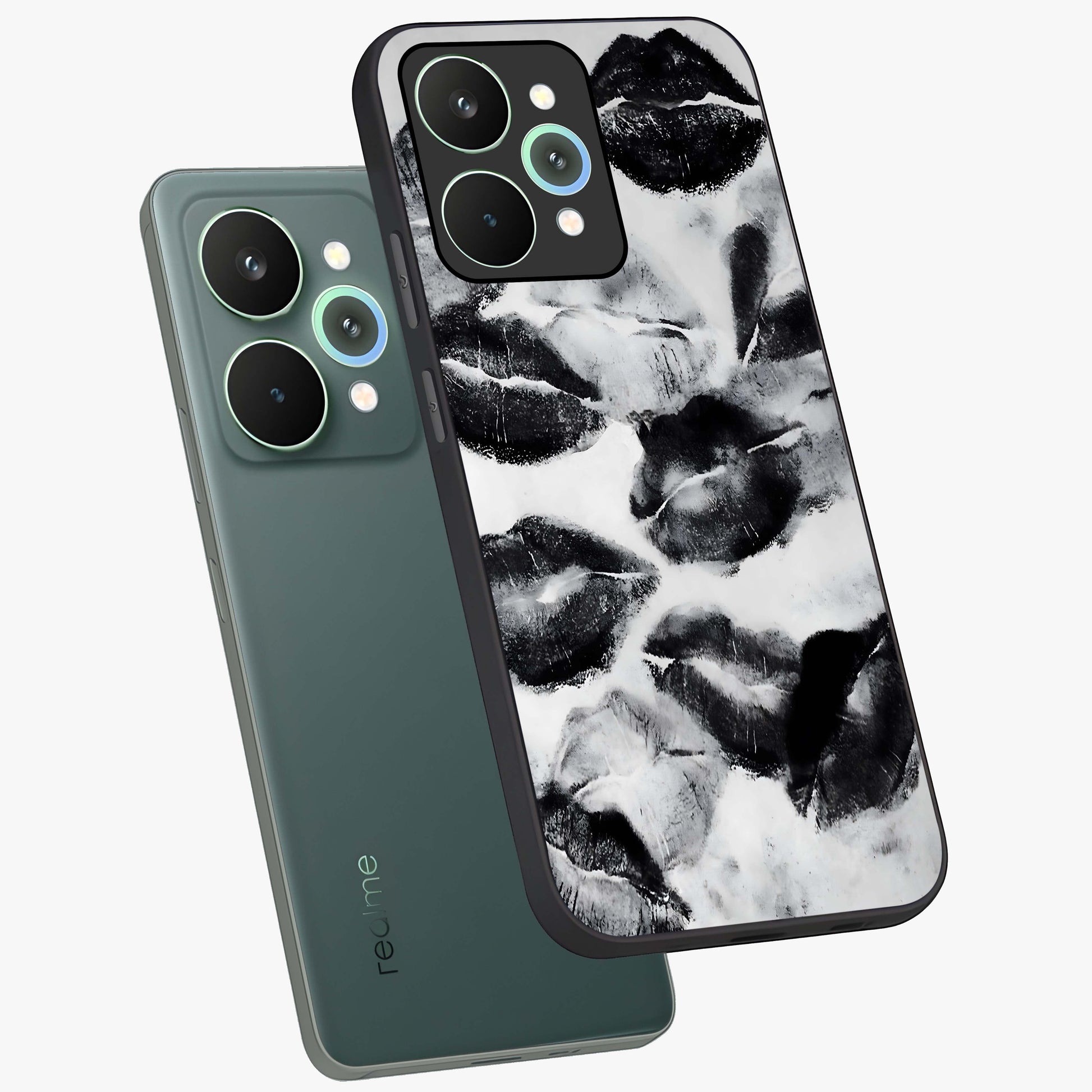 Midnight Kiss Marks Glass Case displayed in angled mockup highlighting playful romantic design with bold midnight aesthetic.