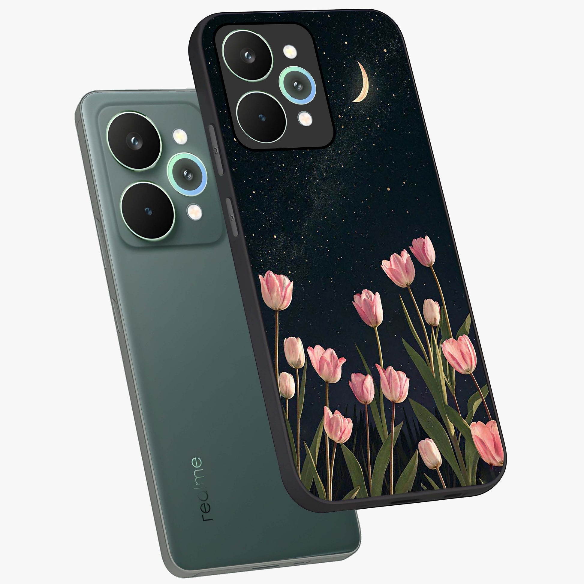 Midnight Tulip Whispers Vibe Glass Case displayed in angled mockup highlighting delicate tulip design with midnight floral aesthetic.