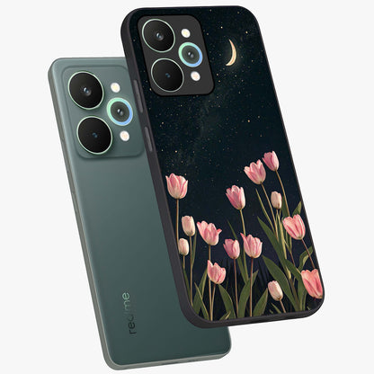 Midnight Tulip Whispers Vibe Glass Case displayed in angled mockup highlighting delicate tulip design with midnight floral aesthetic.
