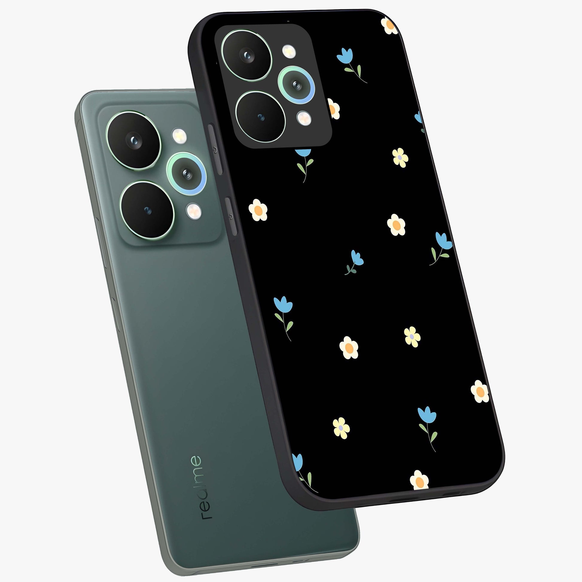 Minimal Petal Whispers Glass Case displayed in angled mockup highlighting delicate petal design with clean minimal aesthetic.