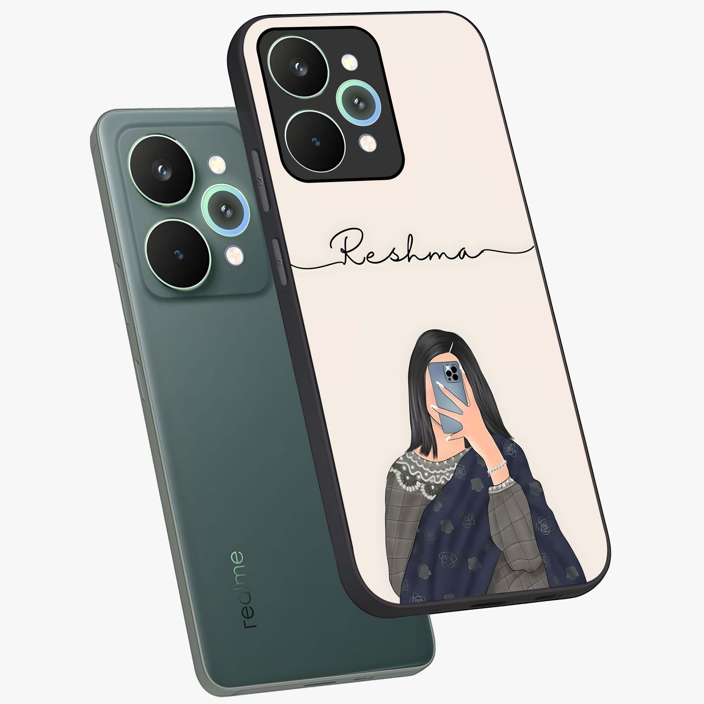 Mirror Mood Muse With Custom Name Glass Case displayed in angled mockup highlighting aesthetic mirror inspired design with custom name feature.