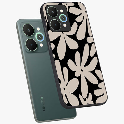 Monochrome Petal Dance Glass Case displayed in angled mockup highlighting elegant petal design with black and white aesthetic.