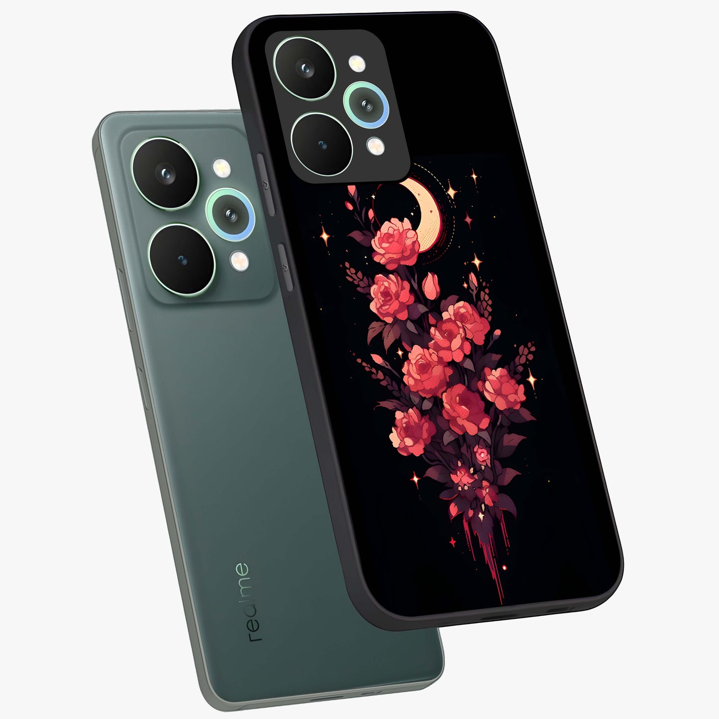 Moonlit Floral Elegance Glass Case displayed in angled mockup highlighting graceful flower design with soft moonlight aesthetic.