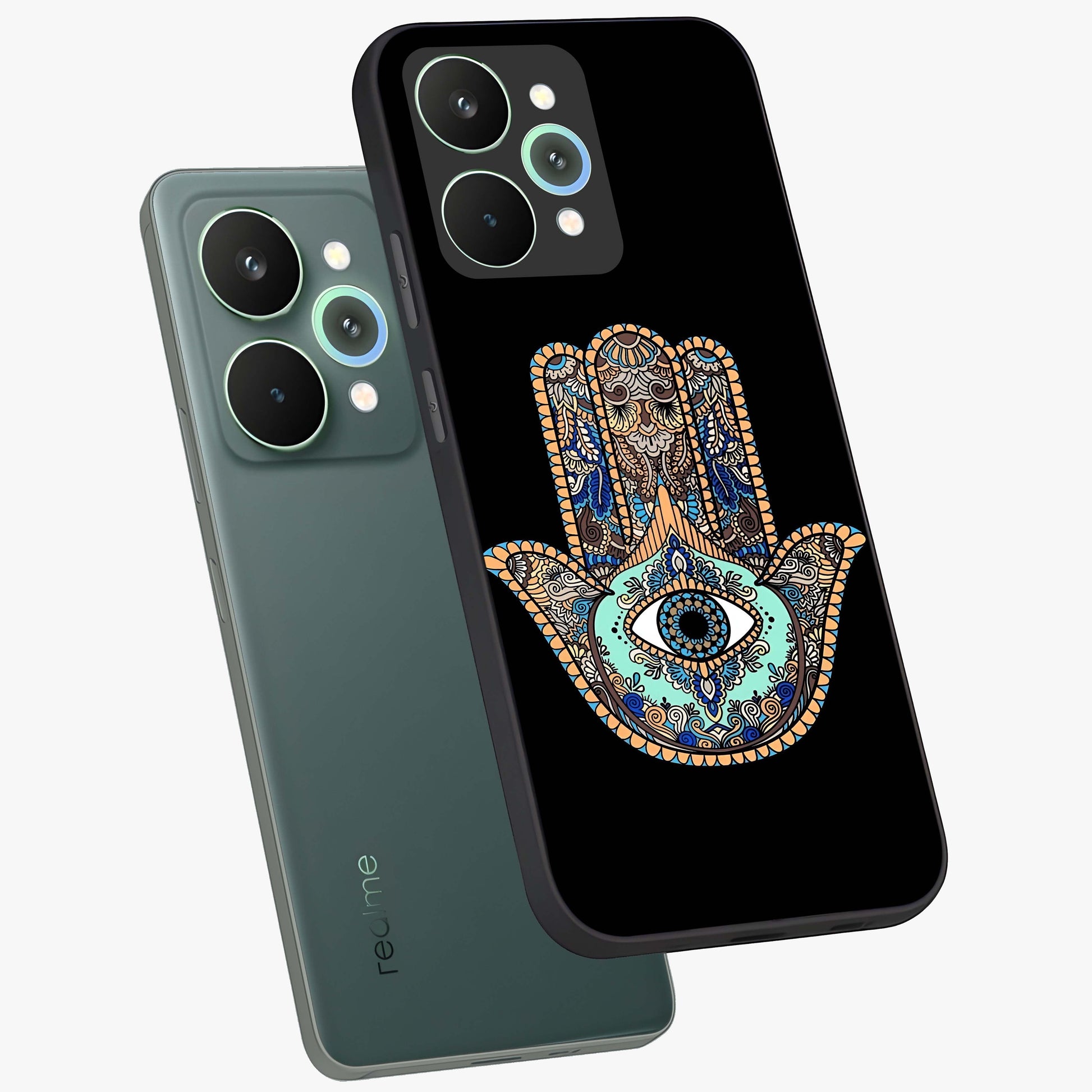 Mystic Hamsa Eye Glass Case displayed in angled mockup highlighting spiritual hamsa symbol with mystical aesthetic style.