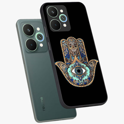 Mystic Hamsa Eye Glass Case displayed in angled mockup highlighting spiritual hamsa symbol with mystical aesthetic style.