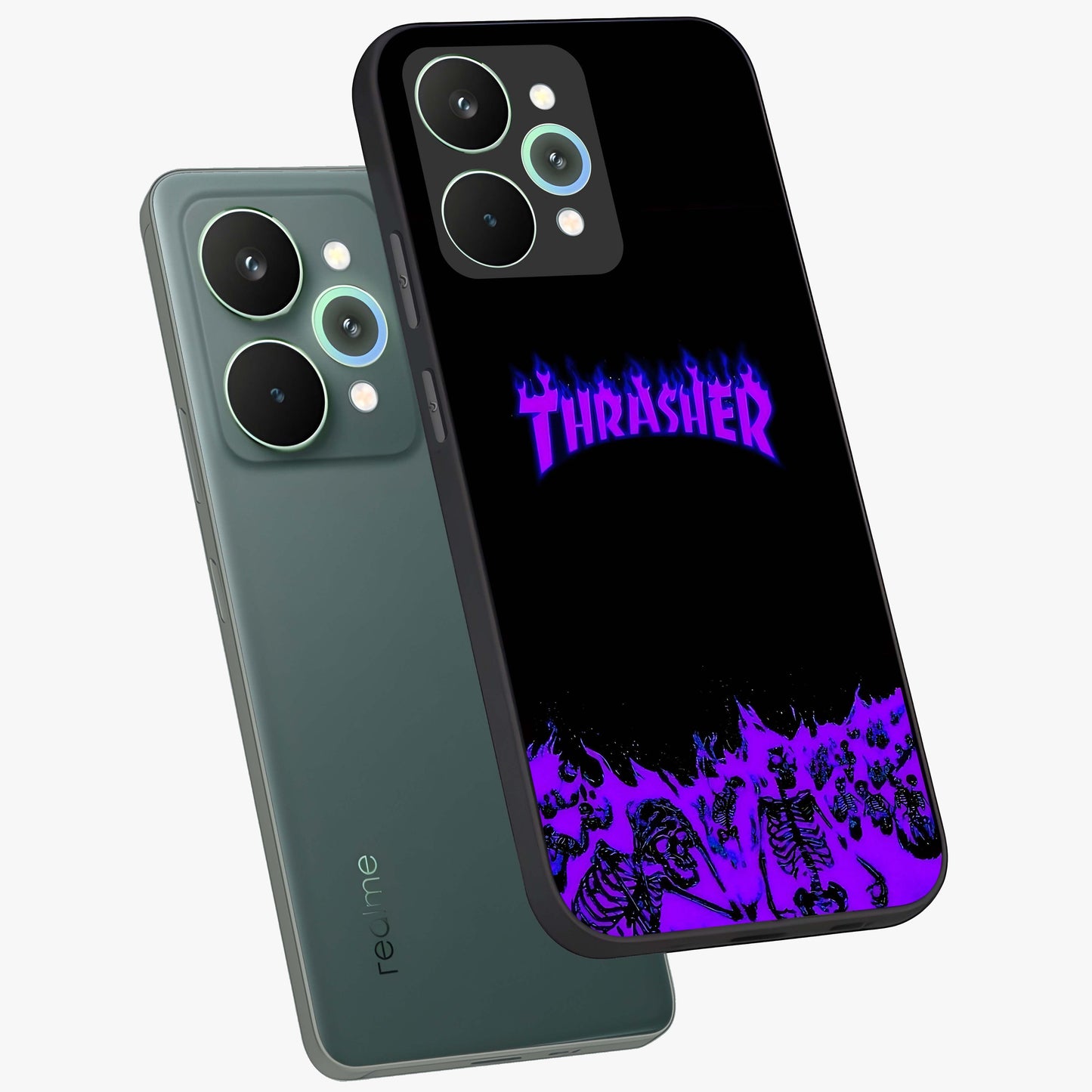 Neon Flame Riot Glass Case displayed in angled mockup highlighting glowing flame design with vibrant neon aesthetic.
